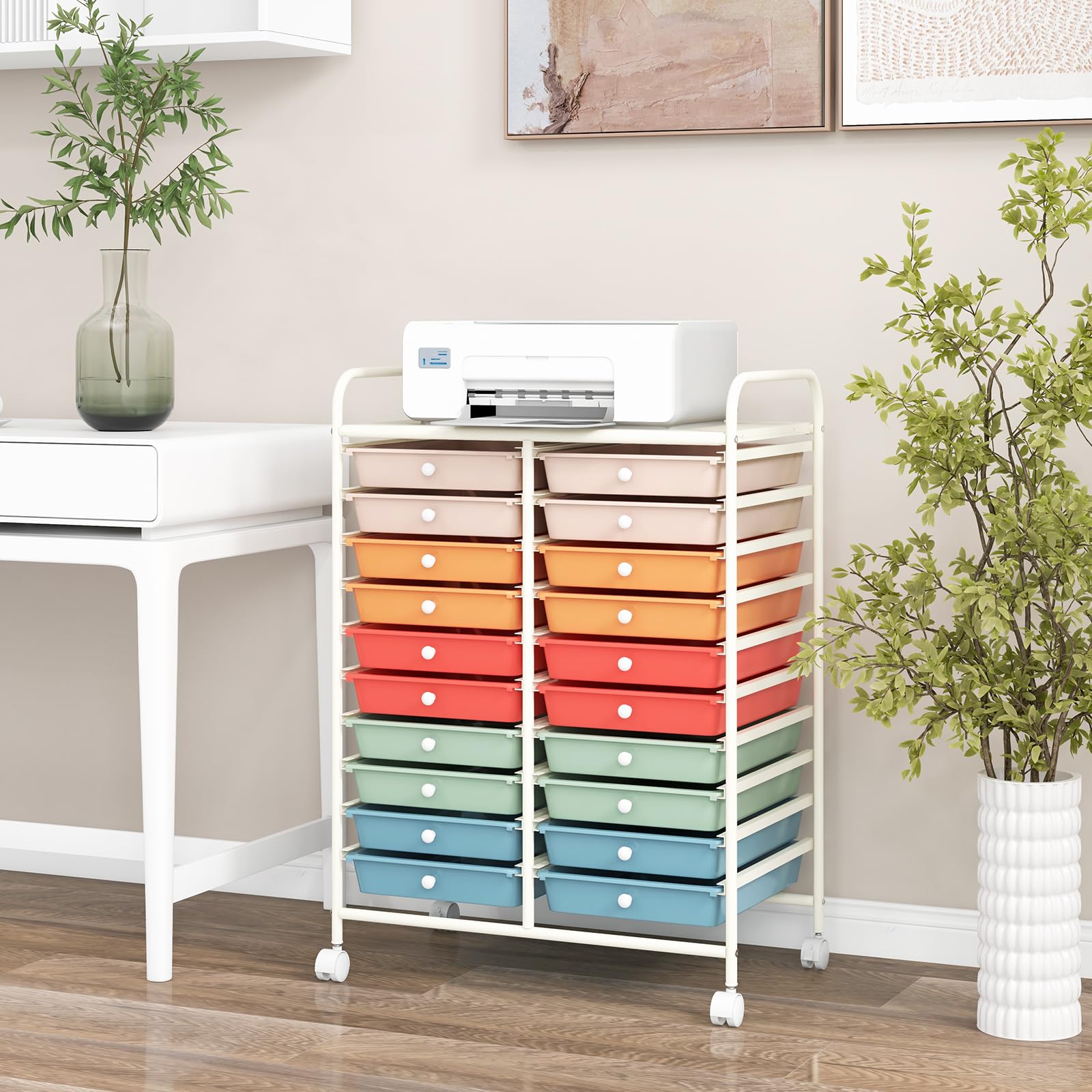 COSTWAY Chariot de Rangement à Roulette 20 Tiroirs en PP, Tour de Rangement avec Tablette, Cadre en Métal, Desserte Meuble Tiroir pour Cuisine Salle de Bain École (XL | 20 tiroirs,Multicolore)