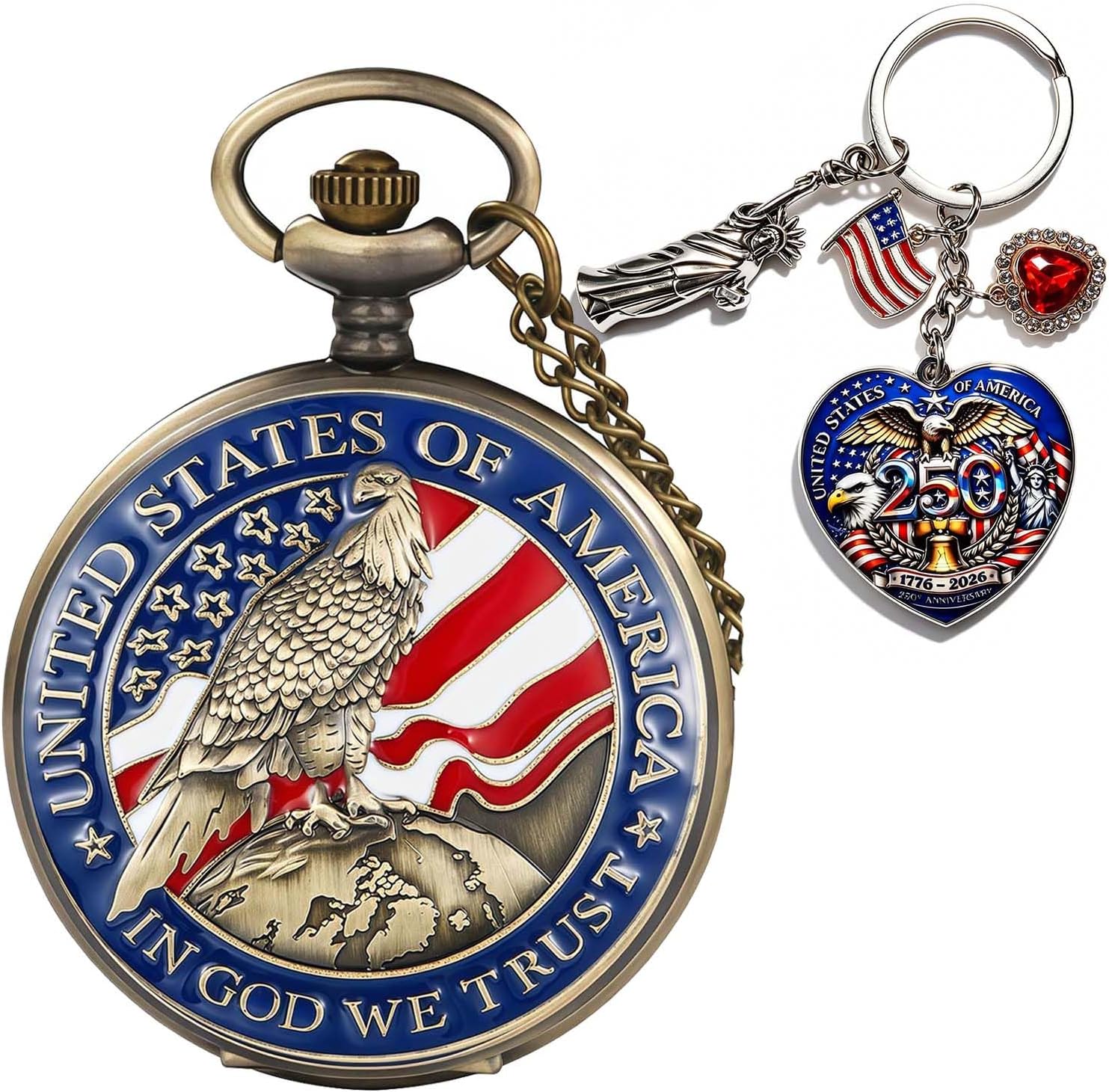 American -Theme Statue of Liberty, Eagle, Native Americans Pocket Watch with 3D 250th Anniversary Handmade Bronze