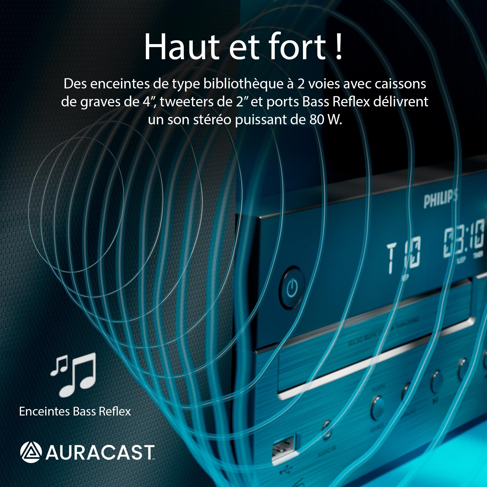 Philips TAM4555M2 Système de microchaîne hi-fi – 100 W, enceintes Bass Reflex, DAB+/FM, CD, USB, entrée audio, Bluetooth 5.4, Auracast, télécommande, préréglages audio numériques, emballage écologique