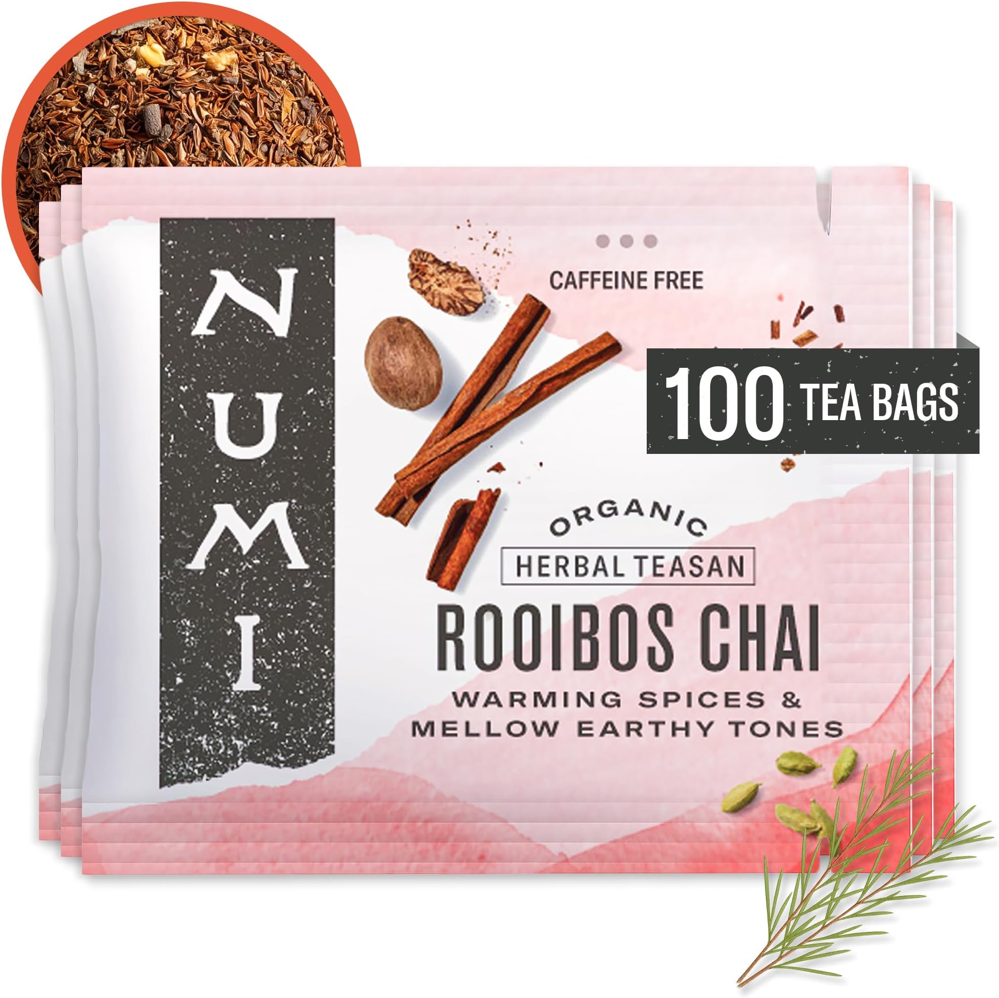 Organic Rooibos Chai Tea, 100 Tea Bags, Herbal Red Tea with Cinnamon, Allspice, Ginger & Cardamom, Caffeine Free Chai
