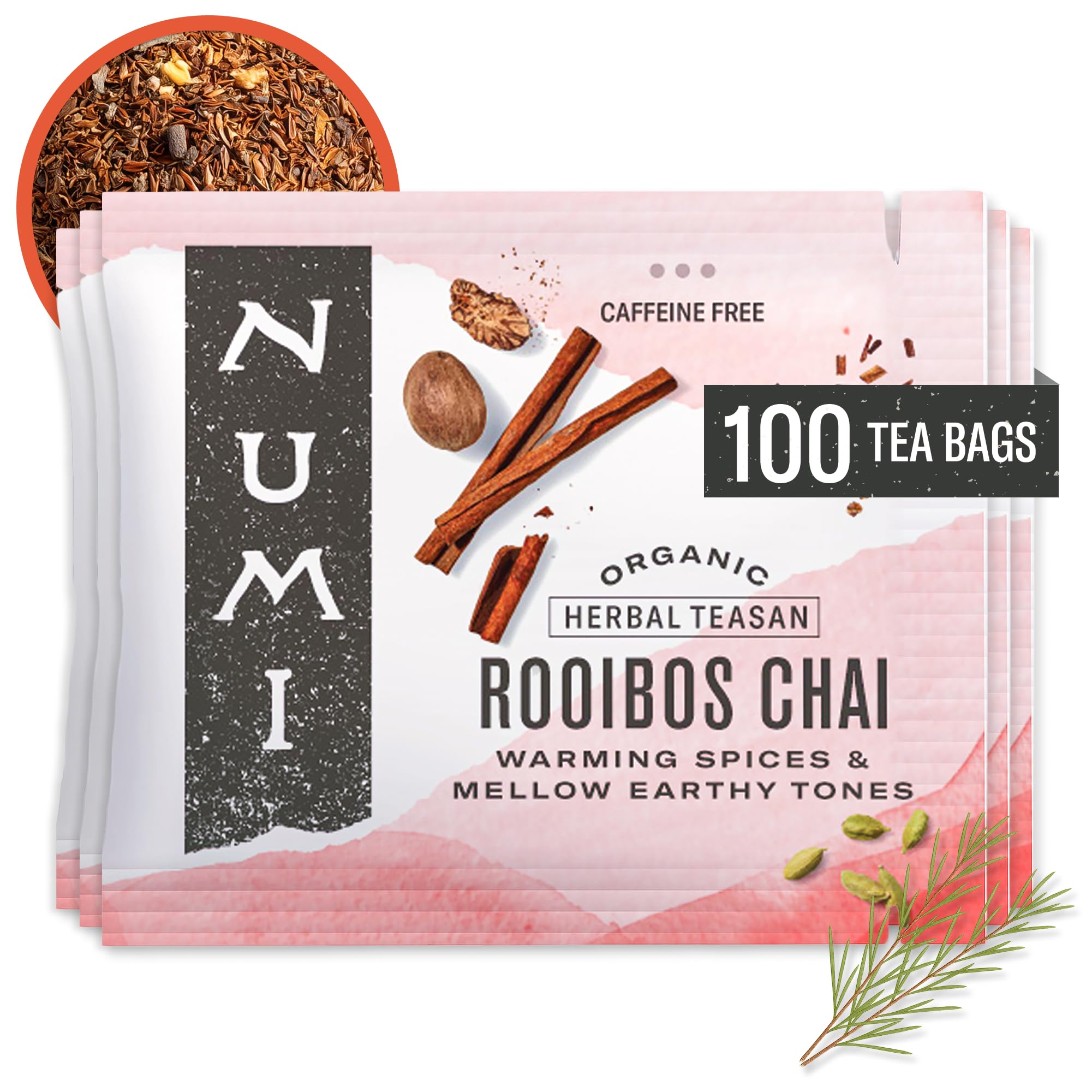 Numi Organic Rooibos Chai Tea, 100 Tea Bags, Herbal Red Tea with Cinnamon, Allspice, Ginger & Cardamom, Caffeine Free Chai