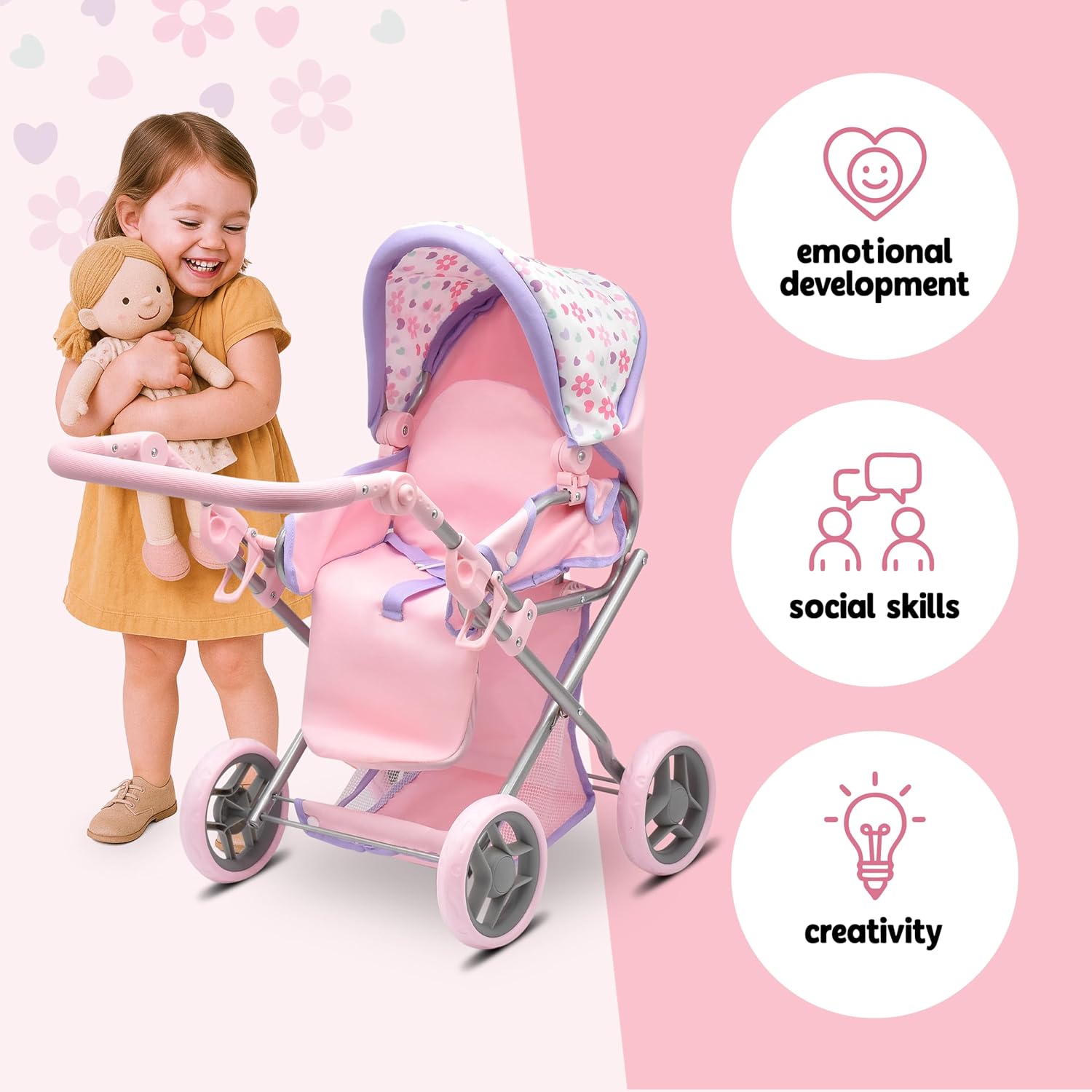 Baby Doll Convertible Pram Stroller with Removable Travel Bassinet Carrier for Kids Adjustable Handle Buggy Carriage with Canopy and Storage Basket 25 Inch Purple