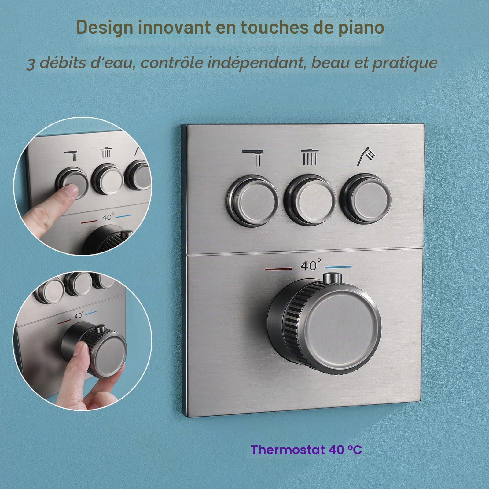 Colonne de Douche Encastrée, HSS0465 Moderne Ensemble de Douche Thermostatique, 30x20cm Pluie Systèmes de Douche, Touches du Piano, Douchette à Main 3 Modes, Robinet de Baignoire Pliable