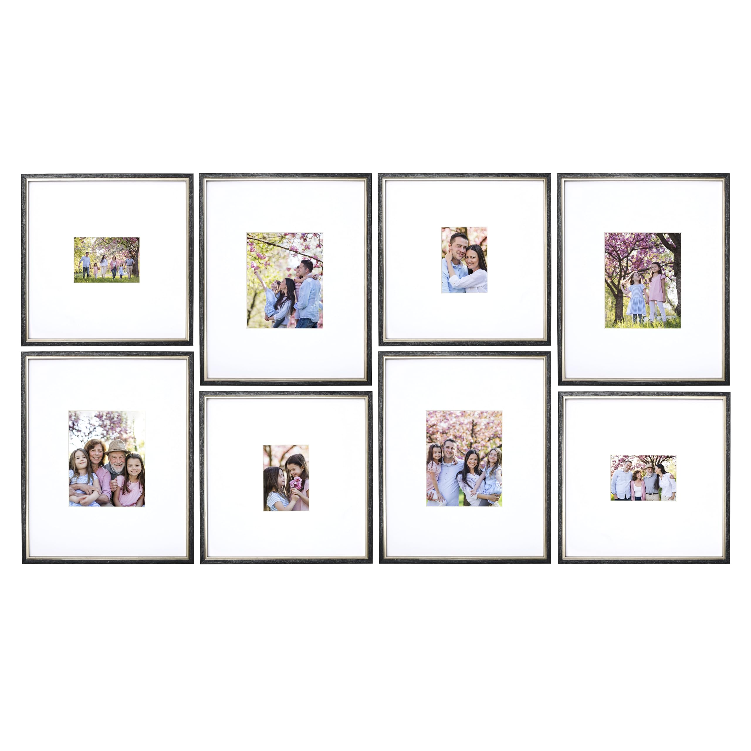 Camden Reed Arcadia 8 Piece Oversized Gallery Wall Frame, 16x20 and 16x16 Inch Matted Frames for Featuring 8x10 and 5x7 Inch Photographs or Art Prints, Black and Silver Molding