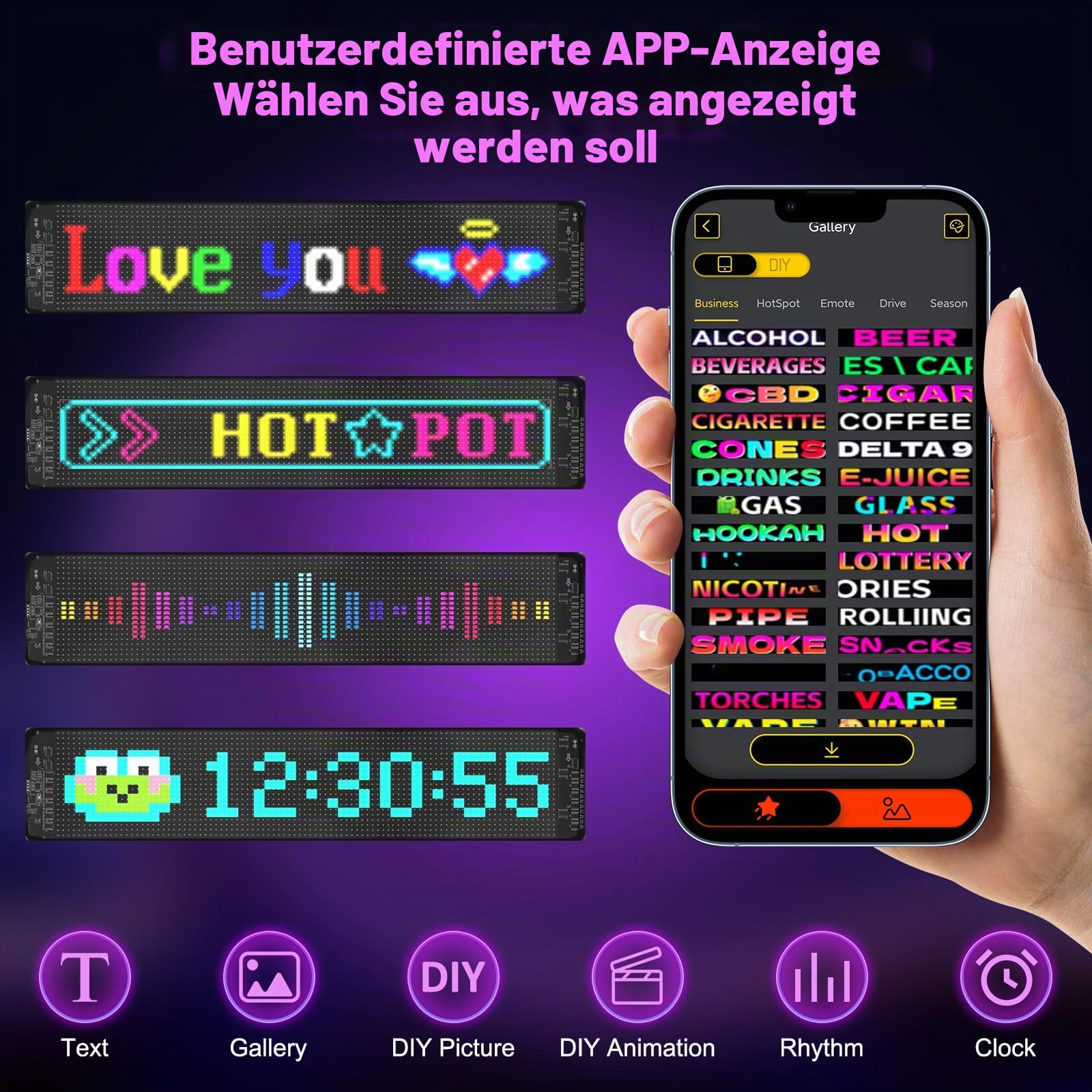 19 * 90Cm Flexibler LED Anzeigetafel, Programmierbare RGB-Laufschrift per Bluetooth Smart App, Devil Eyes Augen für Auto，Personalisiert für Bar, Werbung, Restaurant, Store, Party Dekoration