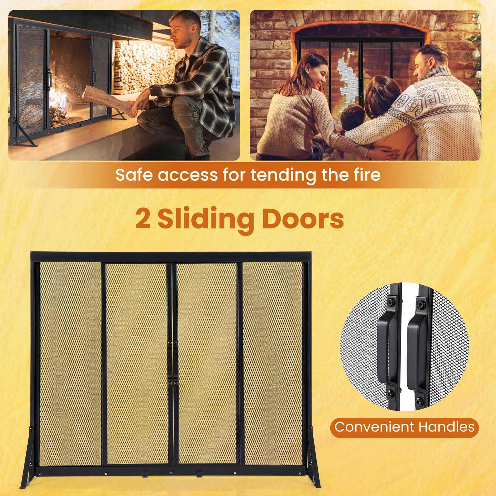 LIFEZEAL Pare-Soleil pour cheminée à Bois, Pare-éclaboussures pour cheminée avec Portes coulissantes avec poignée, Protection de poêle, Grille à 4 Panneaux en métal, Filet décoratif (96 x 33 x 79 cm)