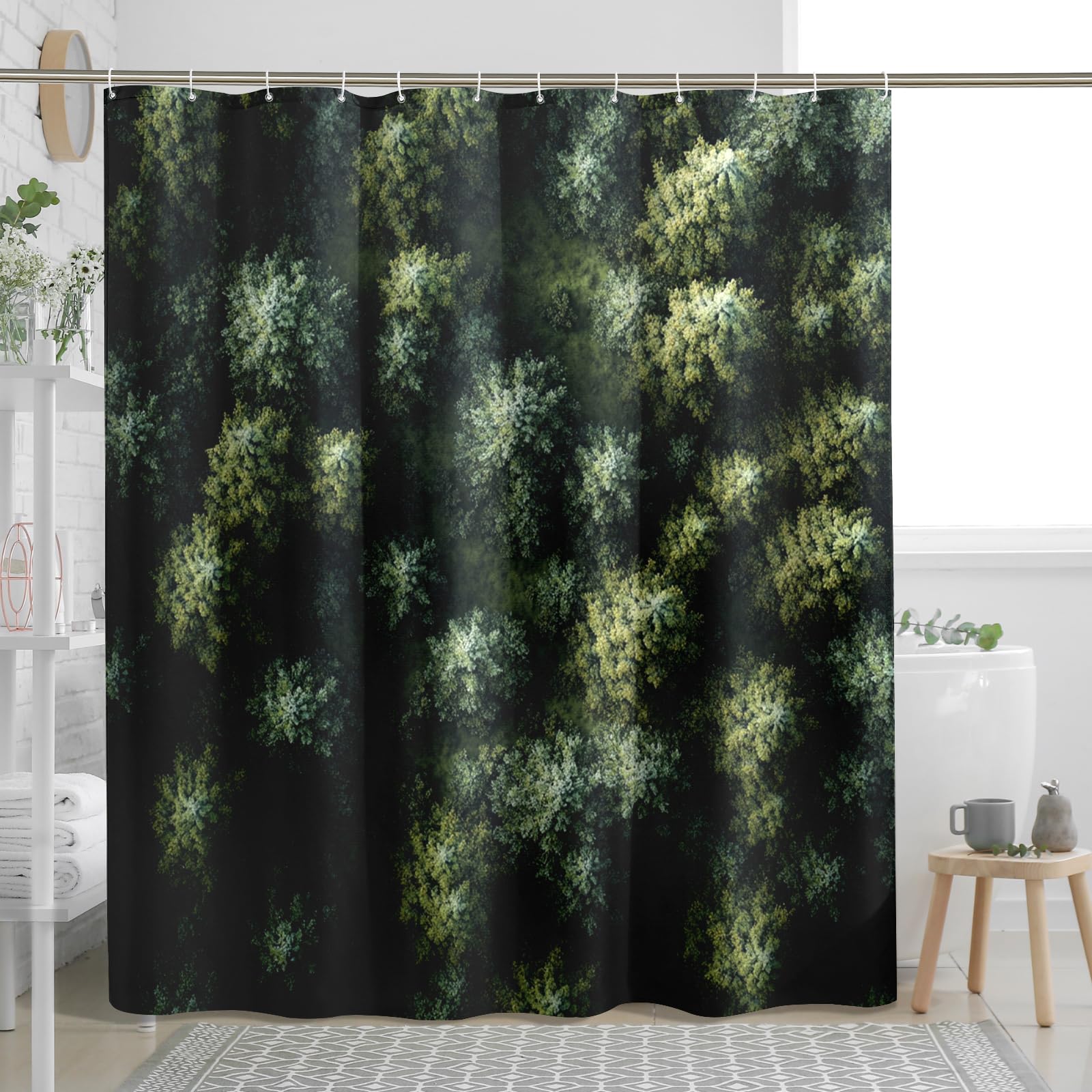 Ensemble de rideau de douche printanier surplombant la forêt, rideau de douche arbre nature 3D, accessoires de salle de bain bois, motif imprimé décoratif -72 x 78 cm
