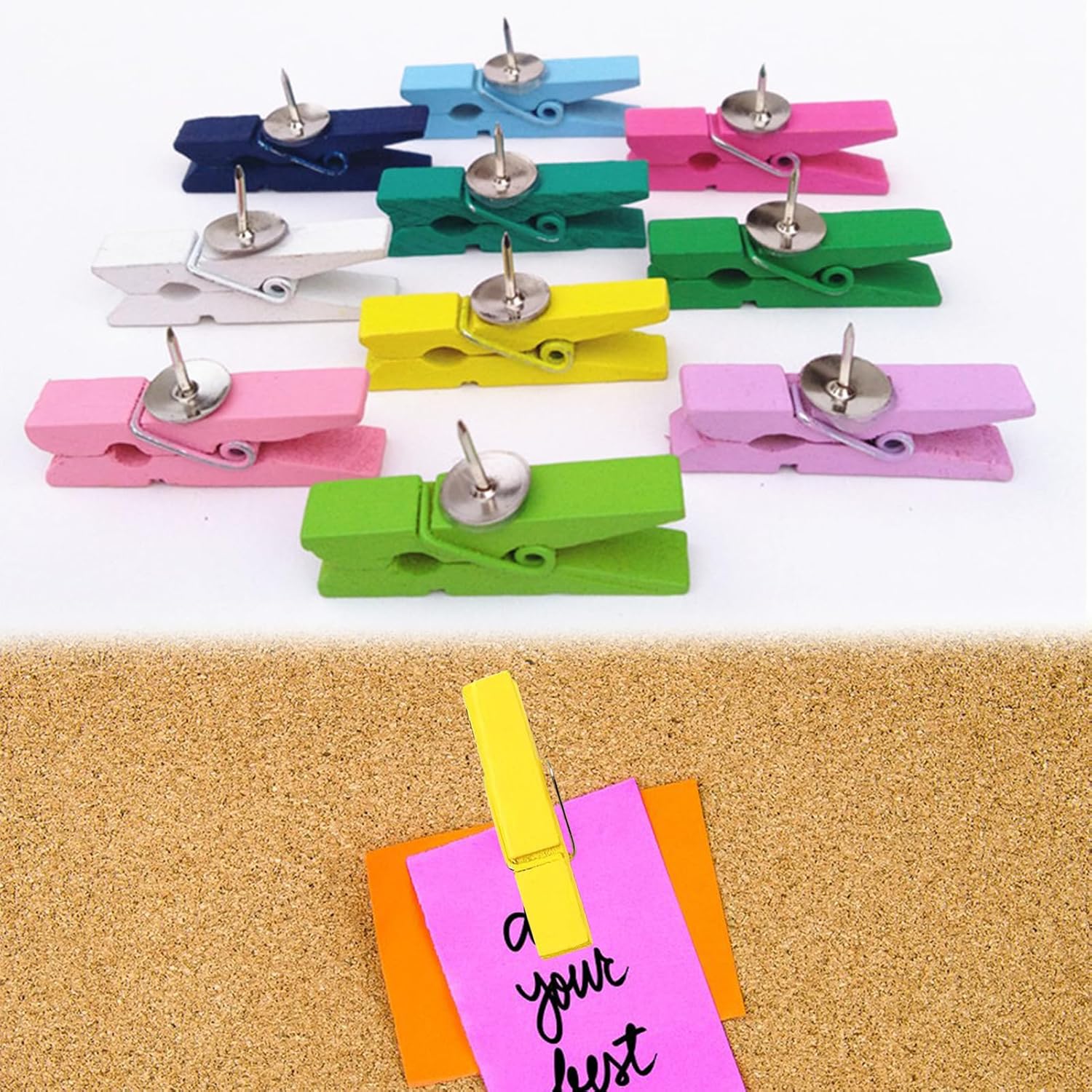 50Pcs Push Pins with Wooden Clips Colorful Drawing Pins for Felt Board