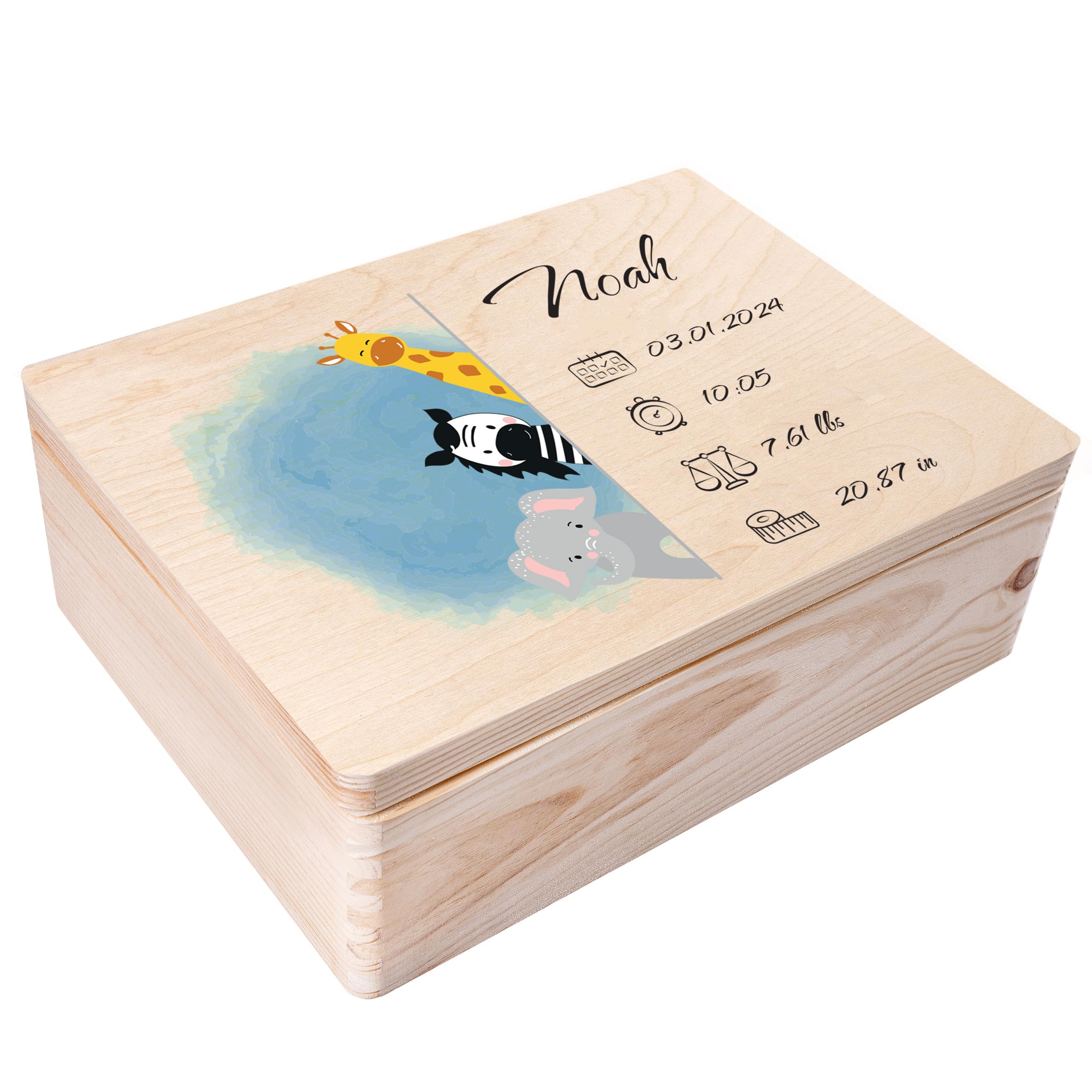 Creative Deco Personalised Baby Memory Box - Animals | Custom Keepsake Boxes | Unique Gift for Newborn Boy or Girl | Customised Wooden Storage Box with Hinged Lid | UV Print