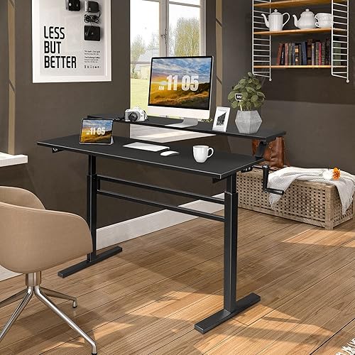 Miniatura 2 de ERGO COMFY Escritorio de pie ajustable con altura de manivela escritorio ergonómico de 2 niveles para computadora con mango de manivela escritorio