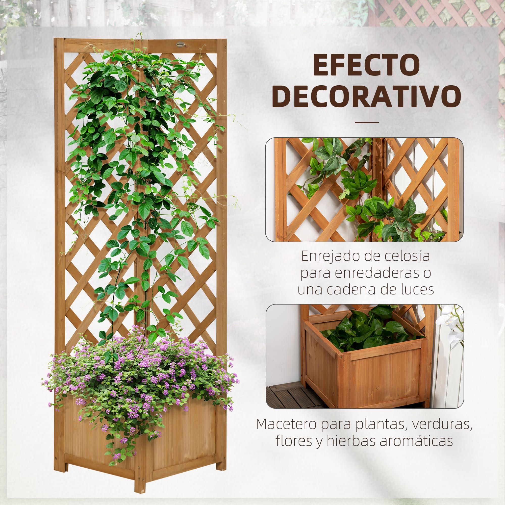 Outsunny Jardinera con Enrejado de Madera Macetero Exterior para Esquina Jardinera Elevada para Plantas Trepadoras en Patio Terraza 40x40x145 cm Marrón