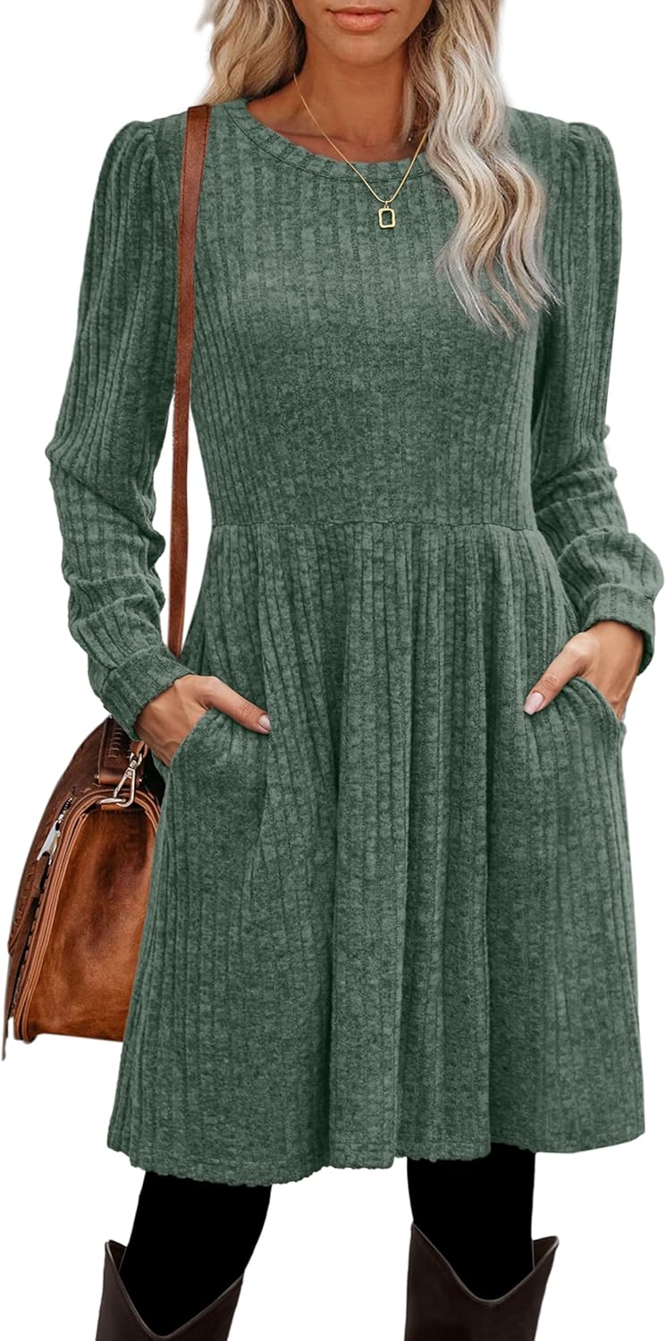 OFEEFAN Christmas Dress Fall Crew Neck Long Sleeve Dresses for Women 2025 Green M - Image 2