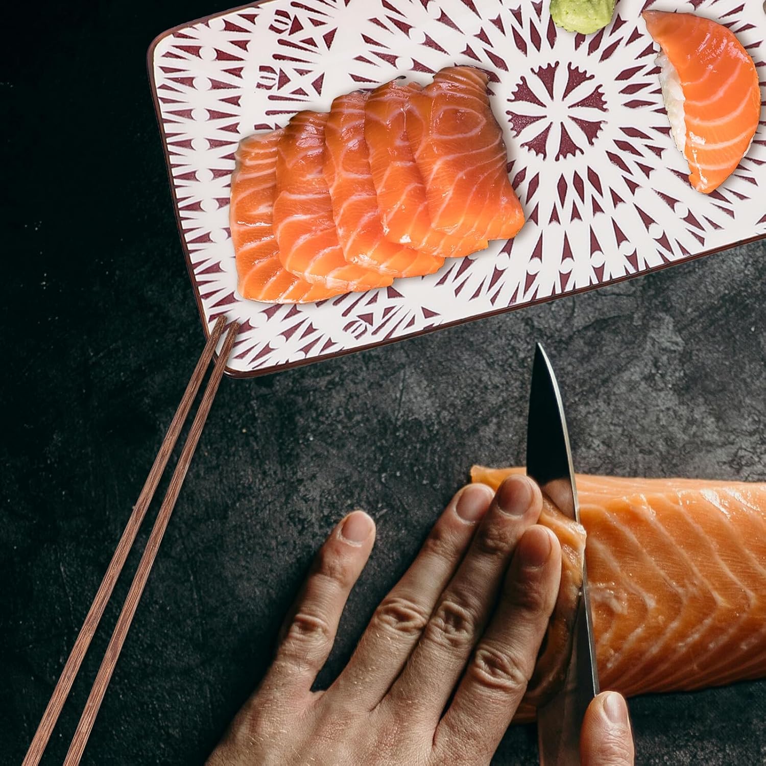 Ceramic Sushi Plate and Sauce Dish Set with Chopsticks, Japanese Style Glazed Under-glaze Color, 2 Plates 2 Dishes 2 Pairs Chopsticks, Multi-function Sushi Serving for Home Dining