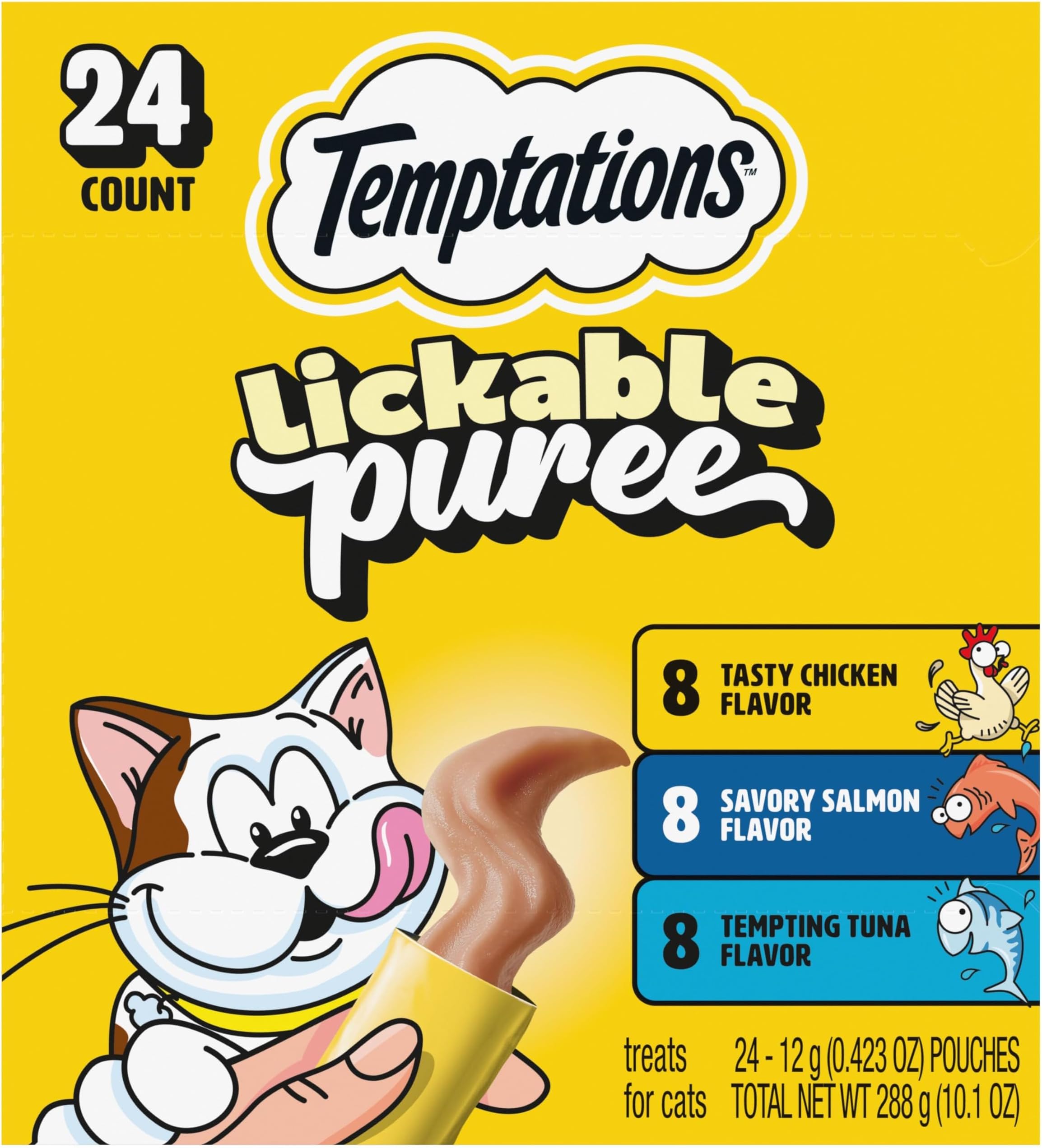 Creamy Puree with Chicken, Salmon, and Tuna, Variety Pack of Lickable Cat Treats, 0.42 oz Pouches, 24 Count
