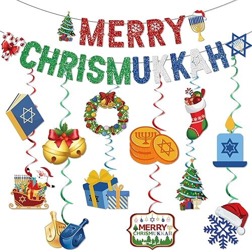 Chrismukkah Decorations - Merry Chrismukkah Banner Glitter Hanukkah Decorations Happy