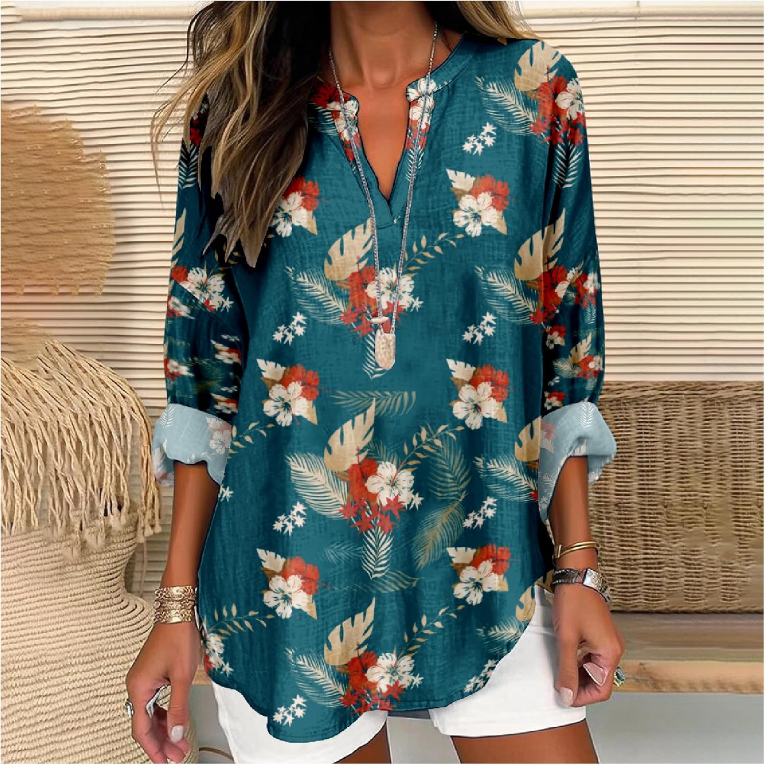 Womens Hawaiian Shirts and Blouses Long Sleeve V Neck Flamingo Print Breathable Sum... - Image 2