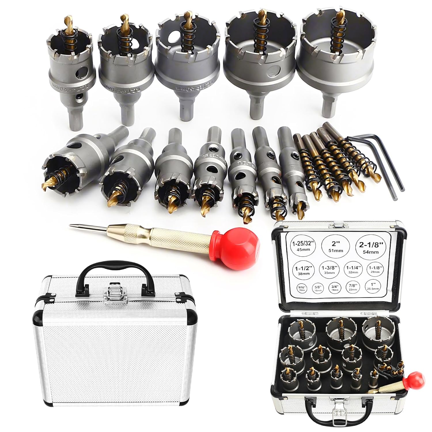 12PCS TCT Carbide Hole Saw Kit for Metal(9/16'' to 2-1/8''),Heavy Duty Hole Cutter Drill Bits Set for Stainless Steel, Iron, Aluminum, Wood, Plastic