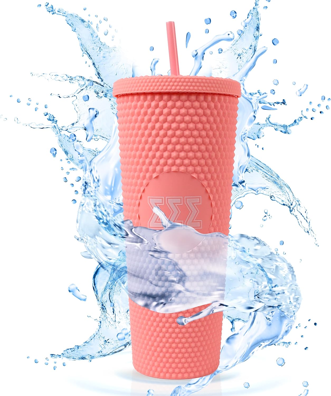 Sorority Shop Phi Mu Studded Tumbler with Straw - 24 Oz Tumbler with Lid and Straw, Matte Coral, Reusable Plastic Cup with Screen Printed Greek Letters for Water, Ice Coffee or Any Drink - Image 7