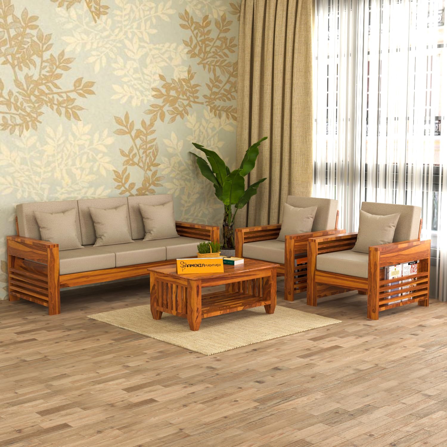 Sheesham Wood 6 Seater Side Cup Stand Sofa Set with Coffee Table for Living Room Wooden Sofa Set for Living Room Furniture (3+2+1, Honey Finish)-image-47