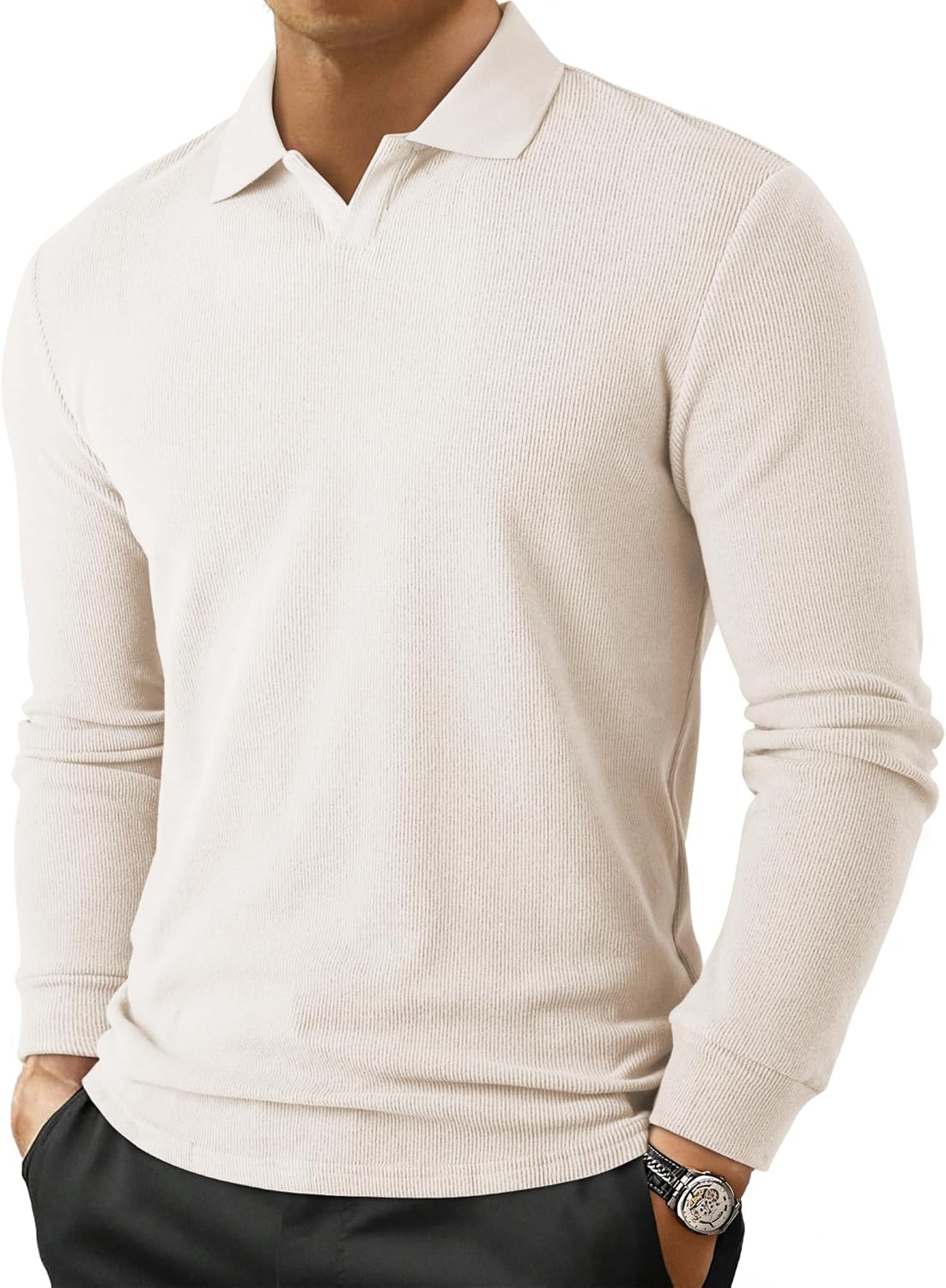 JMIERR Men's Casual Polo Shirt Muscle Slim Fit Long Sleeve V Neck Stretch Dress Golf Shirts