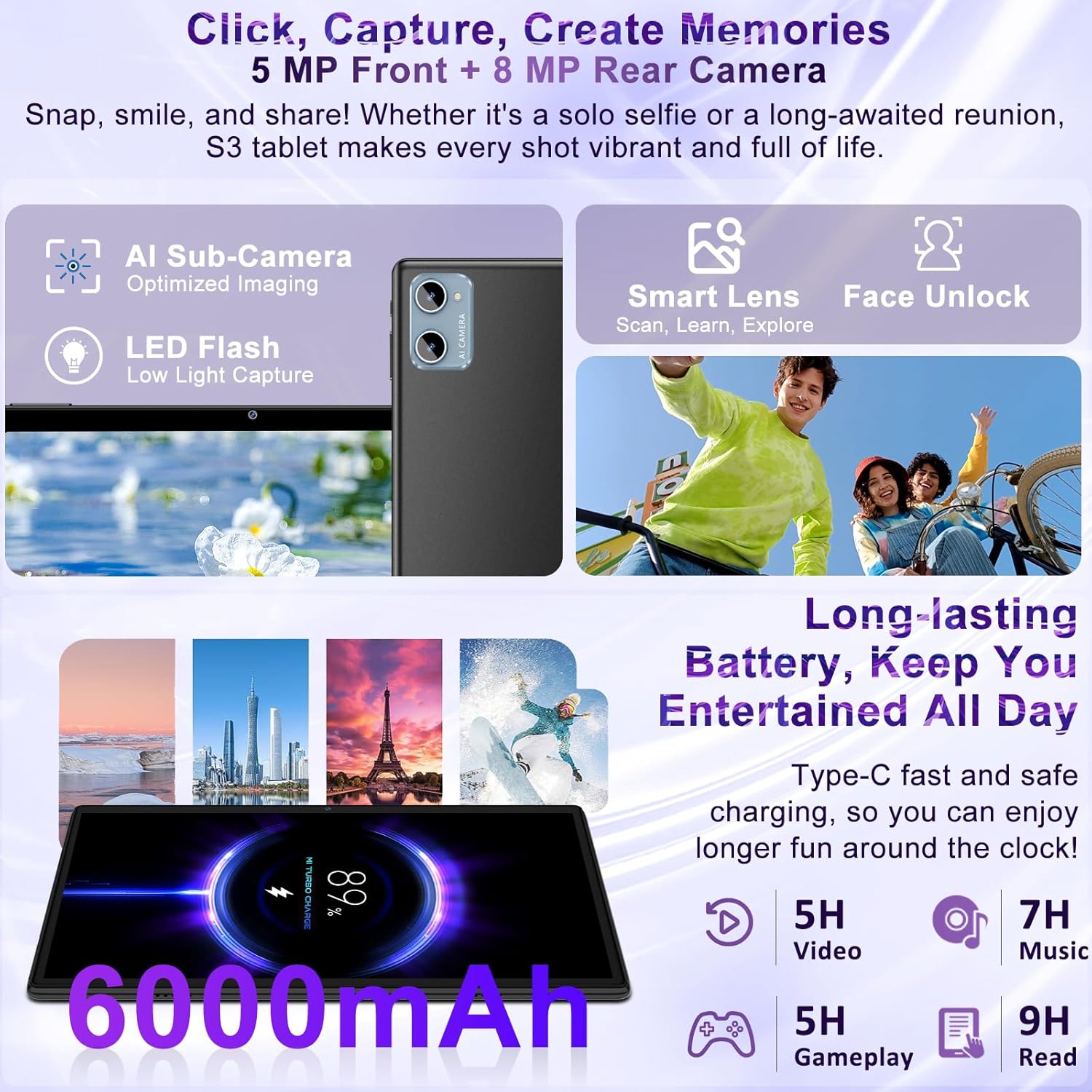 SUAAT S3 tablet showcasing its 5MP front and 8MP rear cameras with AI features and face unlock.