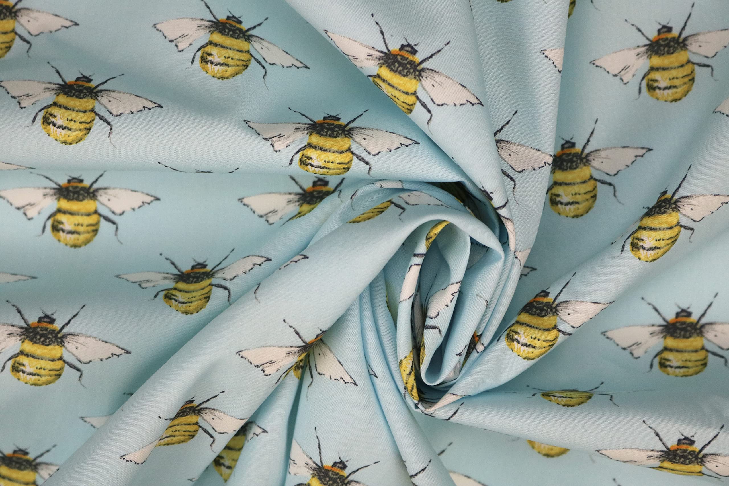 Pyrhan Ltd Sky Pyrhan Bumble Honey Bee I Love Mcr 100% Pure Cotton Prints – 45 Inches (114 Cm Approx) Wide Fabric Sold By The Metre - Perfect For Sewing Projects And Dress Making. (Sky)