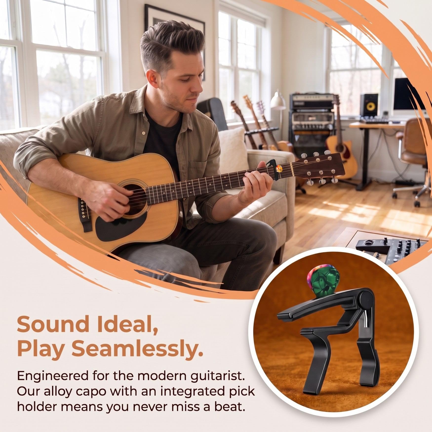 Cejilla de guitarra con soporte para púas, para guitarra eléctrica y acústica, ukelele