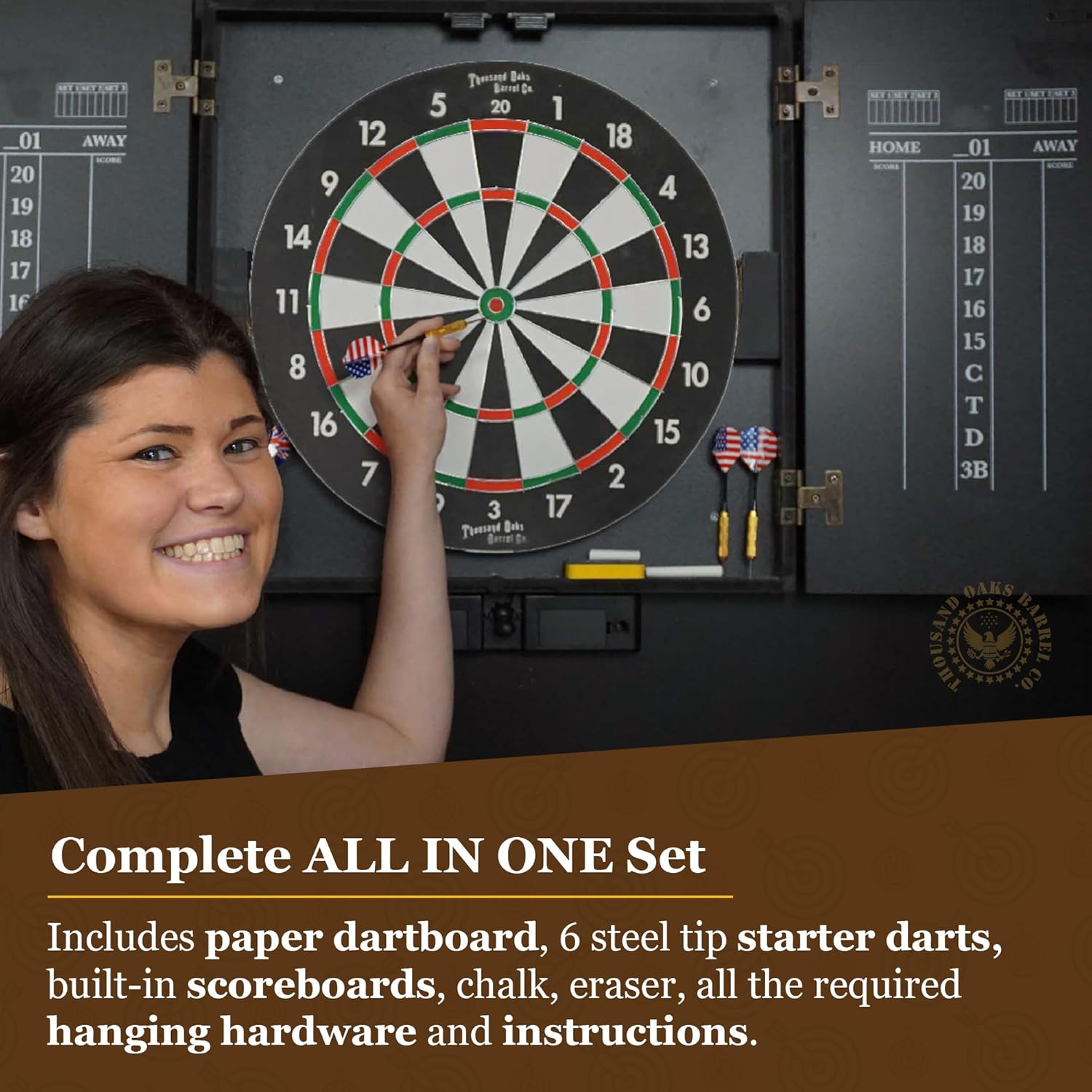 Personalized Dart Board Cabinet Set with 6 Steel Tip Darts, Paper Fibre Dartboard, Chalk & Eraser (21.5 x 21.5 x 2.75") - Occupational Man Cave Dart Boards for Adults - Physical Therapist (414)