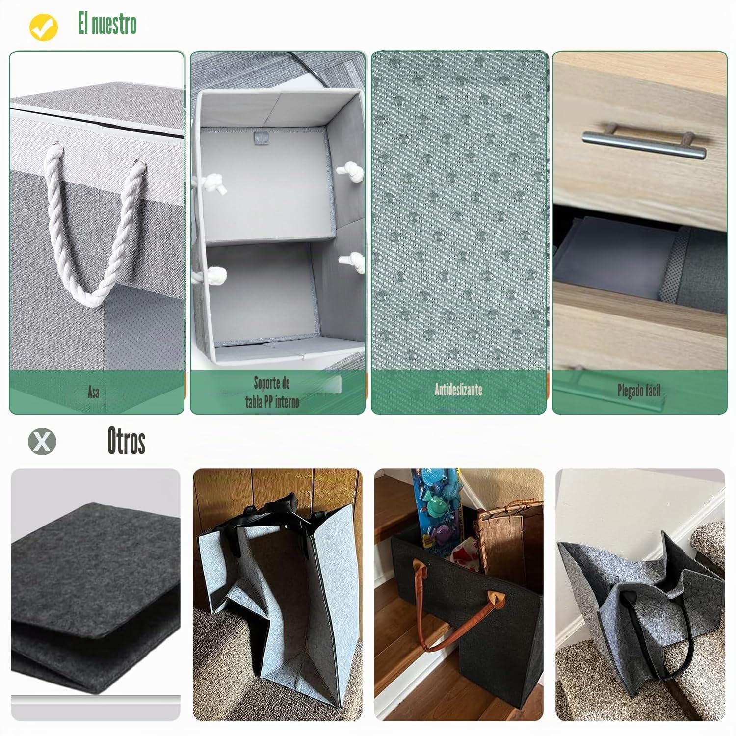 Cesta plegable para escalones, cesta de lino, bandeja para la colada con asa y tapa, bolsa antideslizante para escaleras, cesta para la colada, ahorro de espacio, organizador de fieltro para