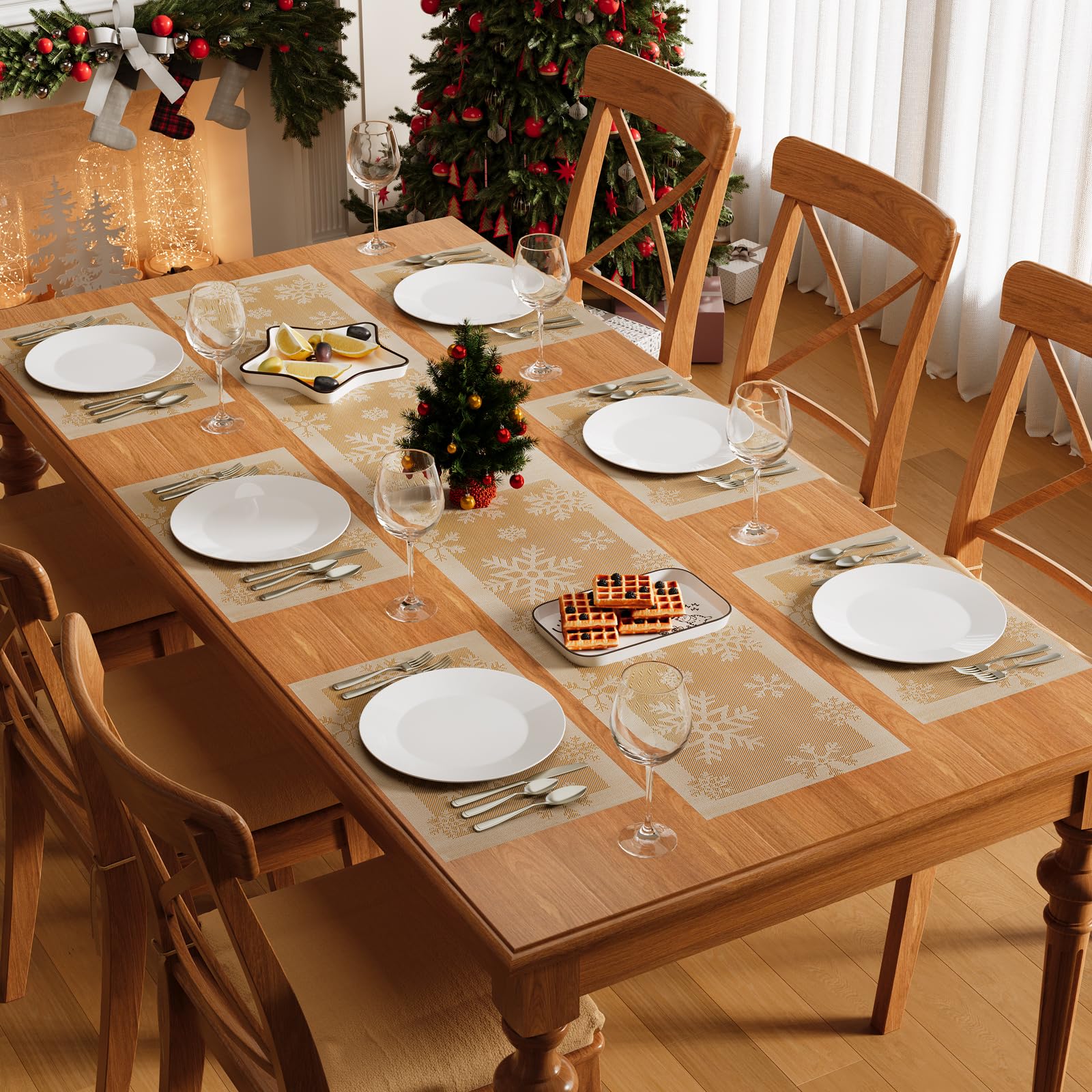 Famibay Christmas Table Runner and Placemats Set for 6 Gold Snowflakes ...