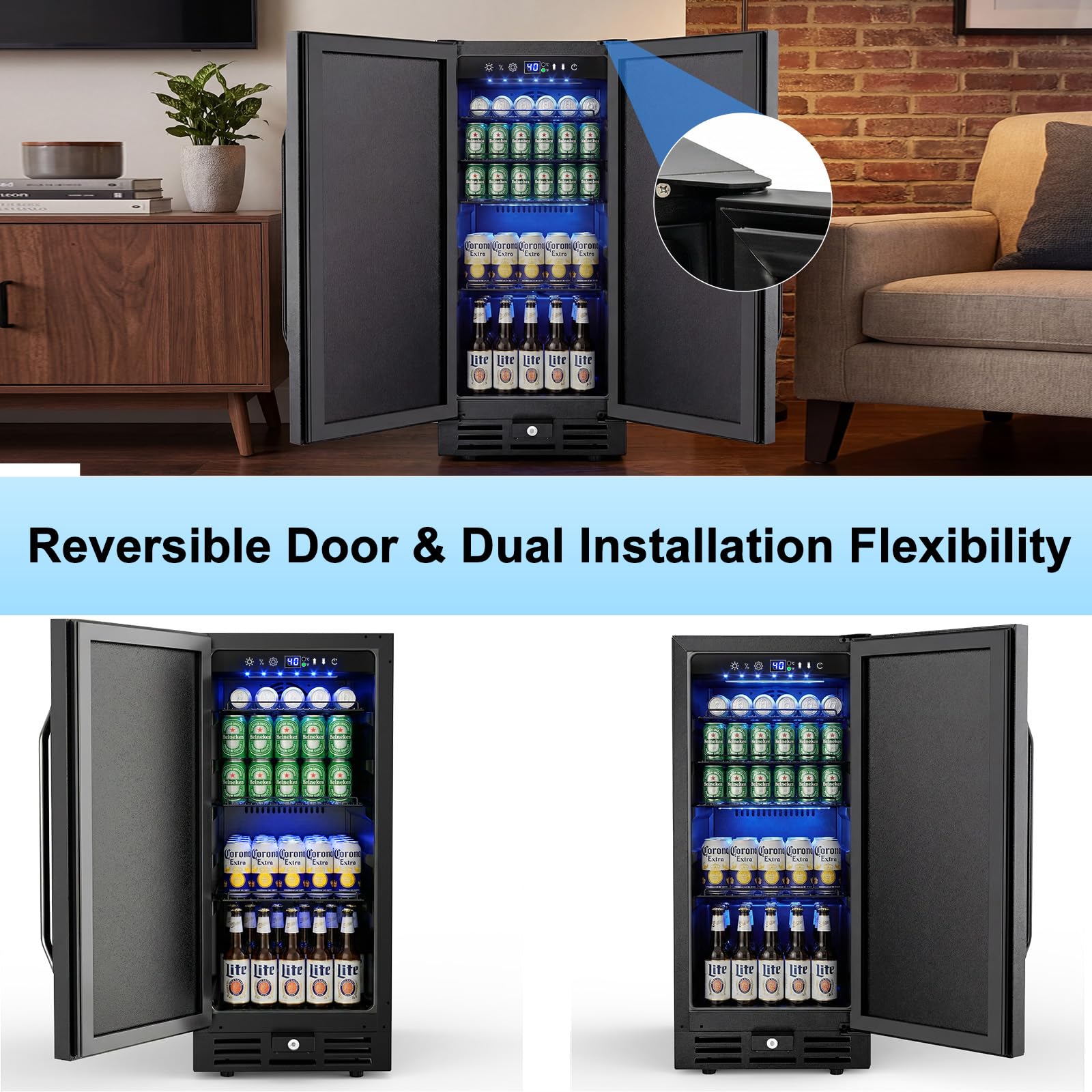 Velieta 15 Inch Beverage Cooler, 127-Can Stainless Steel Drink Refrigerator With Reversible Door, Built-In Or Freestanding Mini Fridge With Blue LED Light, Lock And Key For Indoor Outdoor Use, Black on Fridge.com - View 4