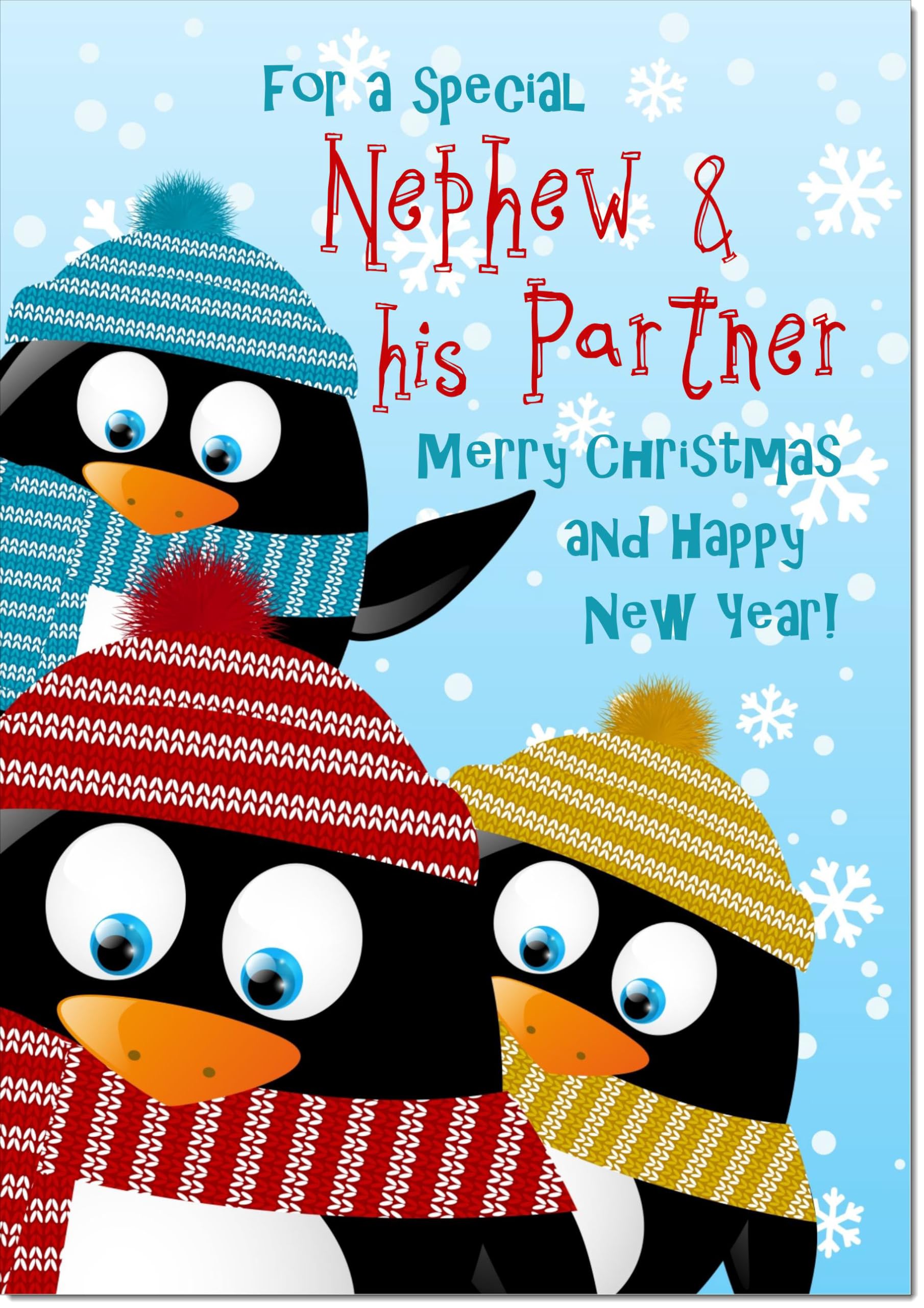 doodlecards Nephew and Partner Christmas Card Three Penquins Large A4 Size Christmas Card for Nephew & Partner with Plain Envelope — image 1