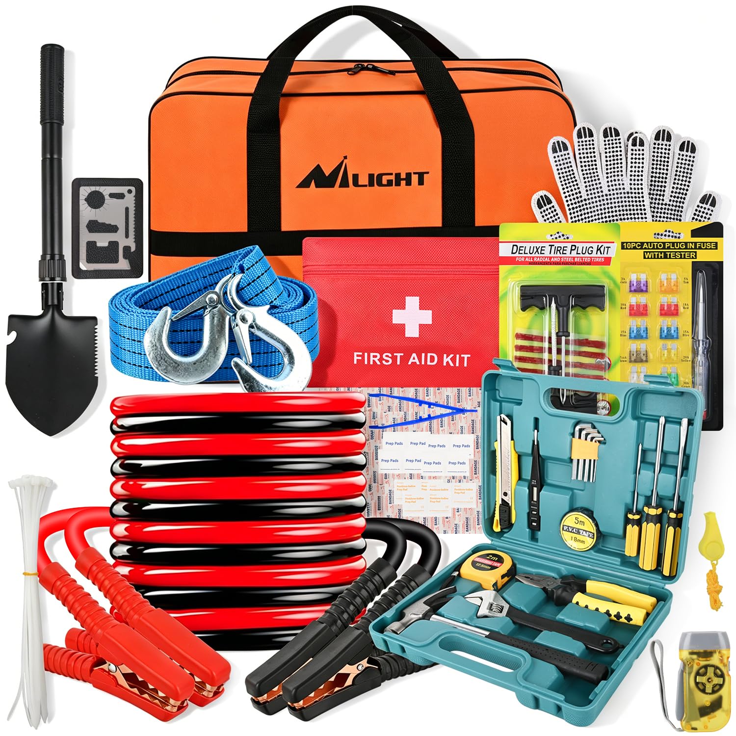 Nilight Kit di Emergenza per Auto con Cavo di Avviamento, Kit di Primo Soccorso, Kit di Riparazione Pneumatici, Attrezzi di Sicurezza Stradale per Viaggi, campeggio, Auto, Camion, SUV, RV