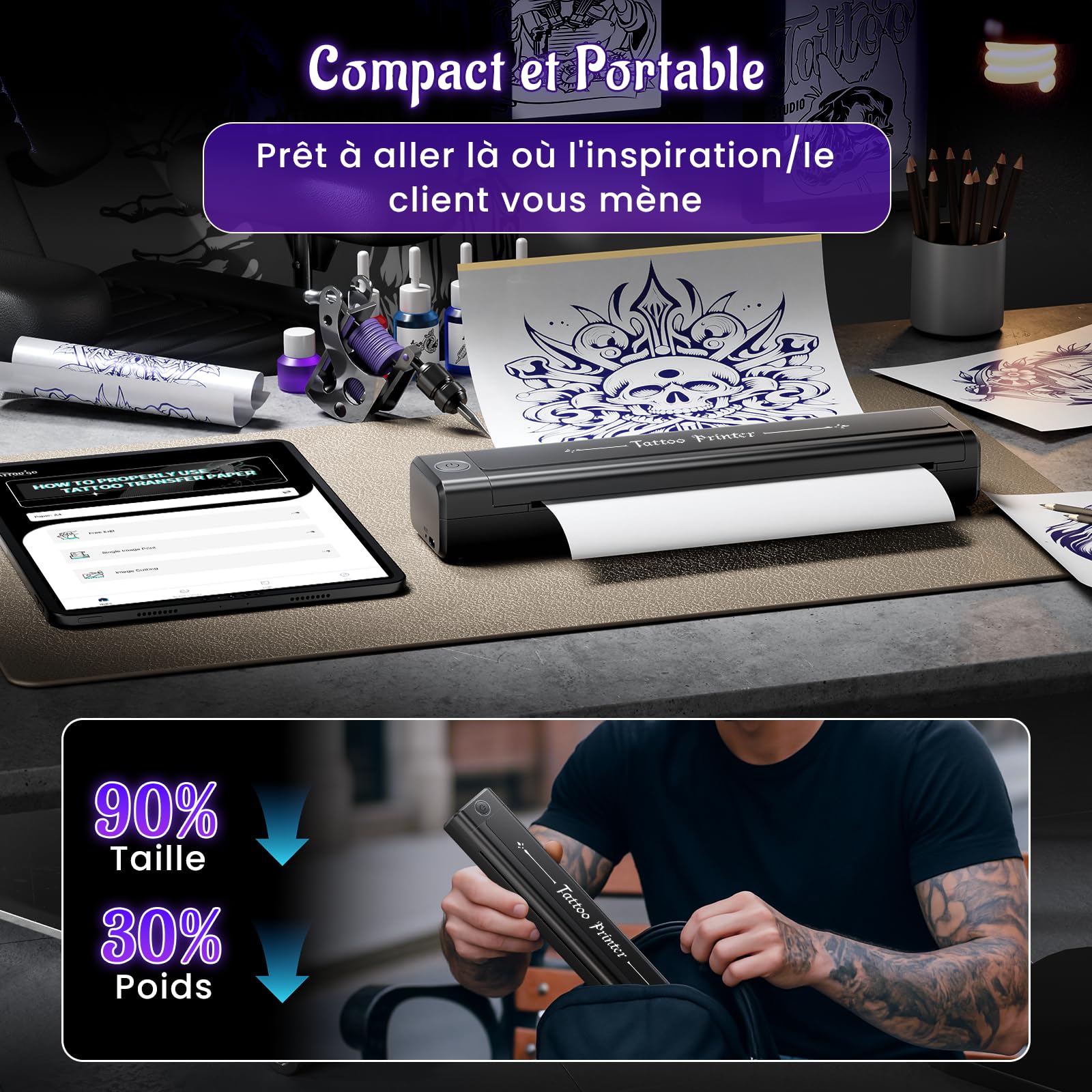 Yowell H1 Thermocopieur Tatouage Bluetooth, Imprimante Tatouage, Imprimante Tatouage Transfert avec 10 Feuilles de Papier, Imprimante Stencil Tatouage pour Tatoueurs et Débutants, Noir