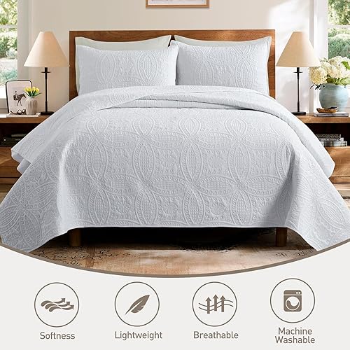 Miniatura 3 de Safonory Juego de edredón King (106 x 96 pulgadas, blanco)  Colcha acolchada con patrón de moneda suave y fina de verano para cama King  Juego de
