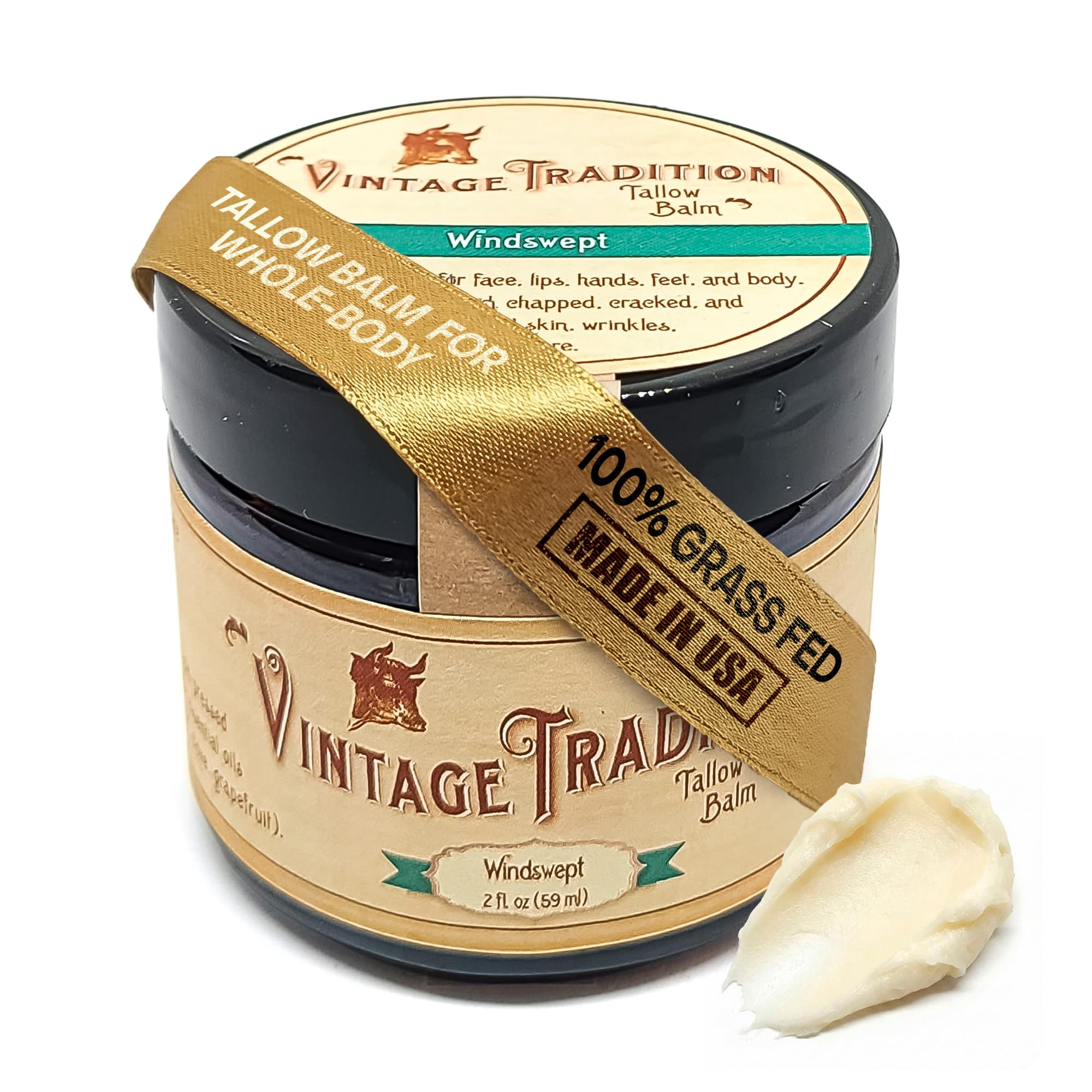 Vintage Tradition Beef Tallow All Purpose Balm – Healing, Hydrating Weather-Protecting Skin Care Salve Replaces Body Lotion, Hand Cream, More – Essential Oil, Olive Oil, and Grass-Fed Tallow, 2 fl oz