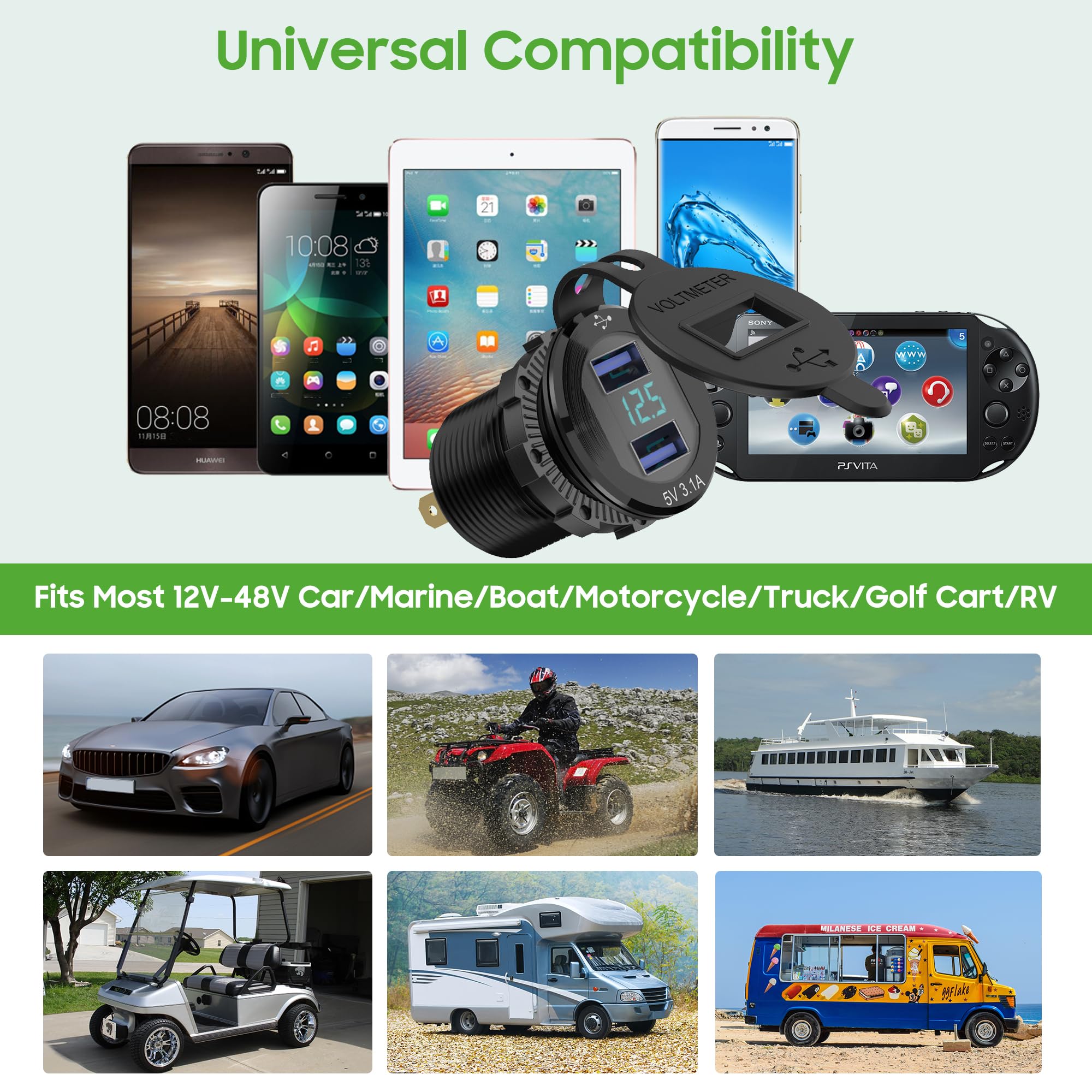 10L0L Golf Cart Ladegerät Adapter,Dual Port USB Quick Charge 3.1,5A Schnellladegerät Stromadapter für Golf Cart Club Car,EZGO und Yamaha (3.1 9-48V)