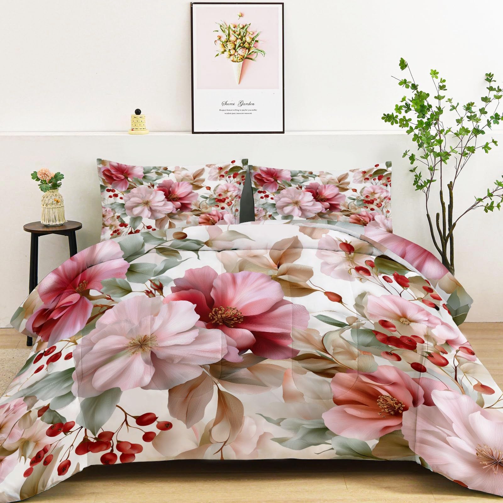 Bettdecke ohne Bezug 135x200cm, 4 Jahreszeiten Retro Pflanzen Blumen Beeren Steppdecke mit 2 Kissenbezug 80x80cm - Warme Weiche Atmungsaktive Schlafdecke Waschbar Ganzjahresdecke - Rosa