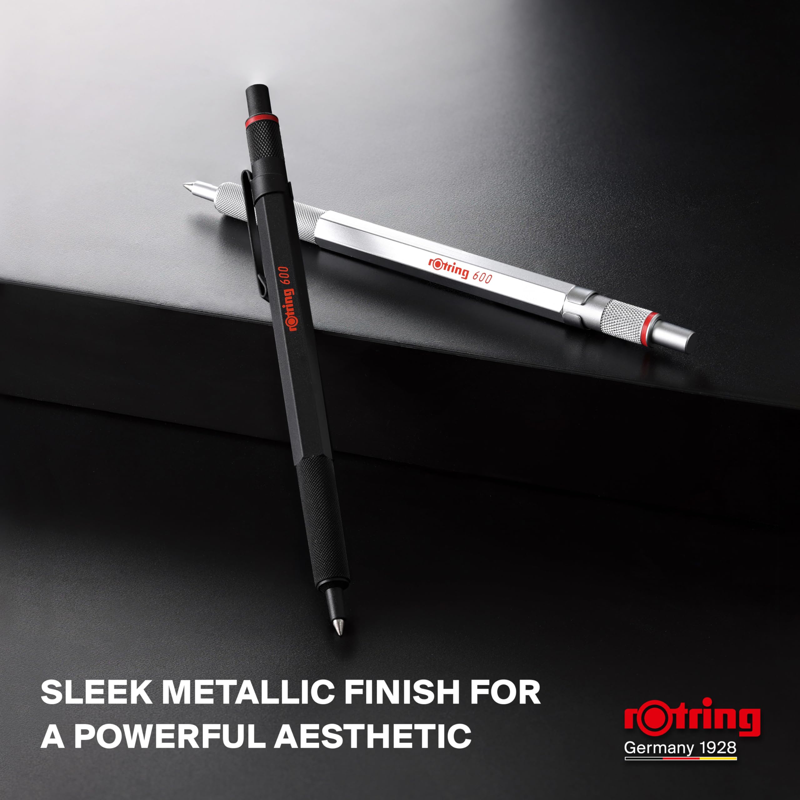 rOtring 600 Bolígrafo de gel | 0,55 mm | Tinta negra | Cuerpo metalizado negro | Agarre estriado antideslizante y cuerpo hexagonal | Recargable