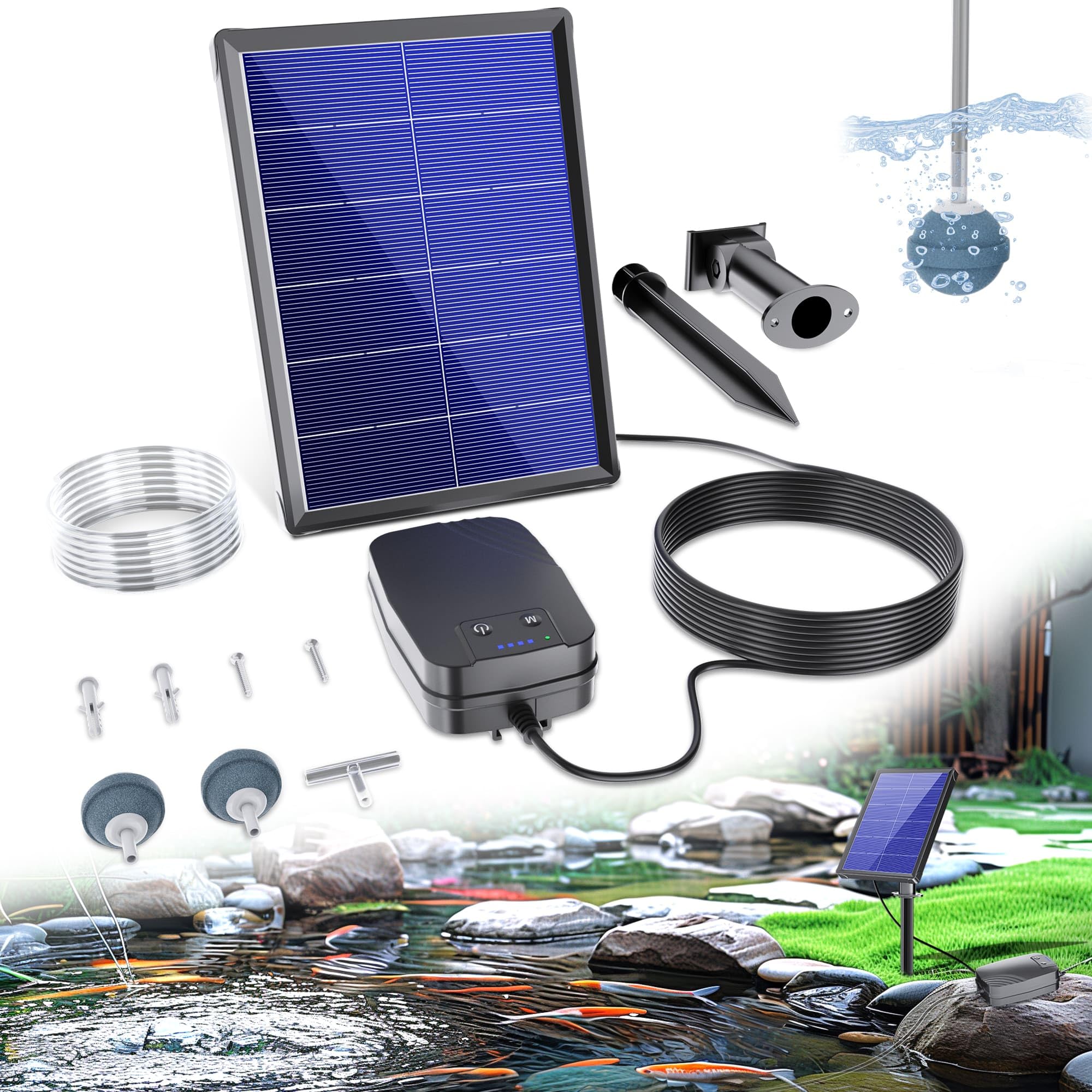 Biling 4W Solar Pond Aerator, Solar Air Pump for Ponds with 2200mAh Battery 3 Modes 2 Air Stone Quiet Pond Oxygenator for 100-600L Garden Koi Ponds Backyard Fish Tank Hydroponic Aquaculture