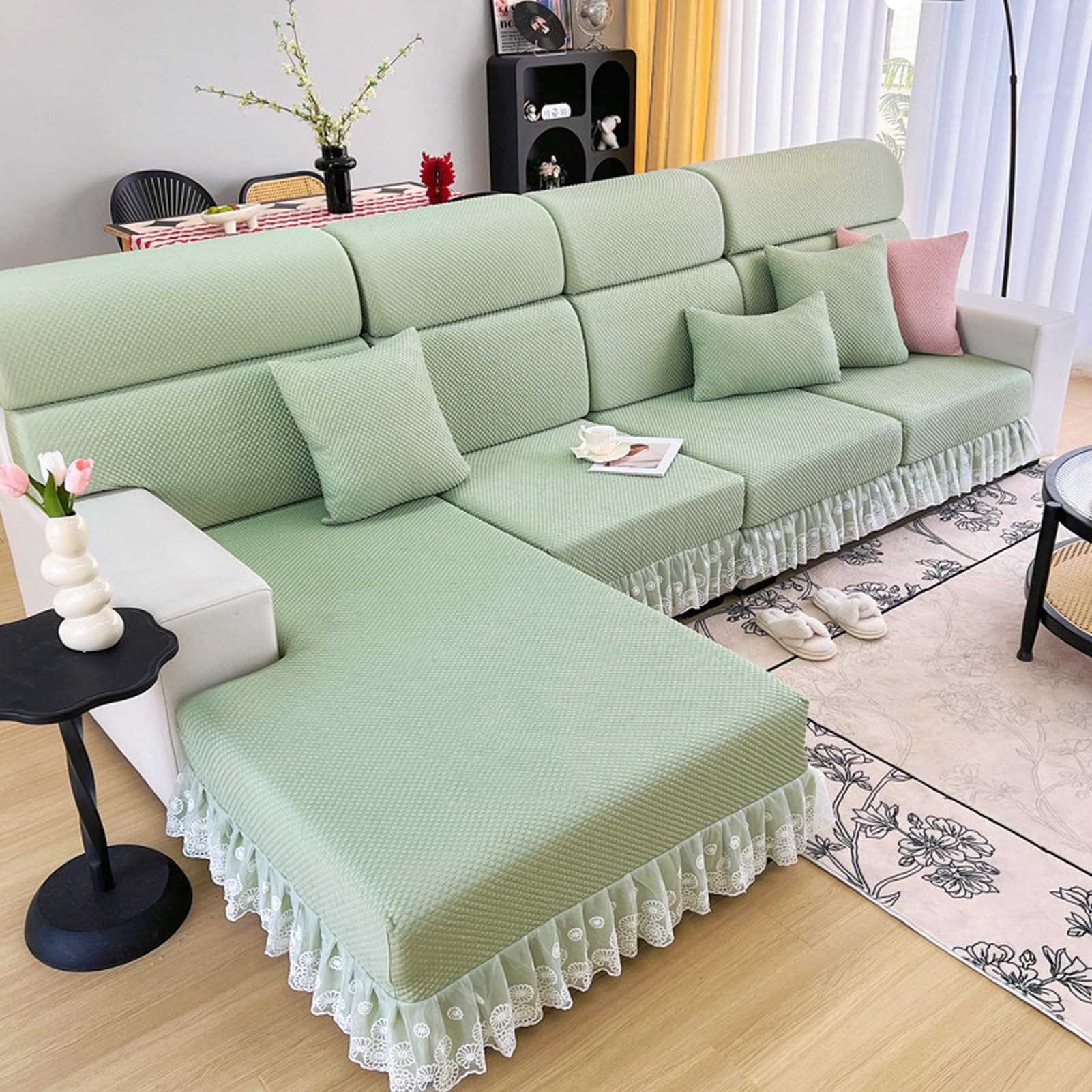 Housse canapé extensible d'angle pour un salon frais et protégé tout l'été