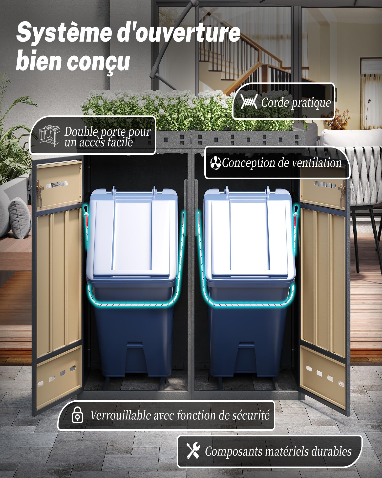KOMHTOM 240L Cache Poubelle Extérieur Double 2 Bacs en Acier, Abri à Poubelle avec Design Bois Naturel, Planteur Intégré, Sécurité Clé et Durable, Design Bois (2, Gris-2)