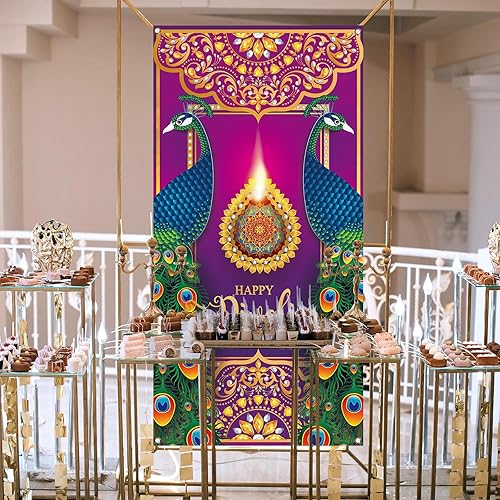 Miniatura 7 de Nepnuser Happy Diwali - Cubierta de puerta Diwali para el hogar, pavo real, Deepavali, festival indio de luces, decoración telón de fondo para