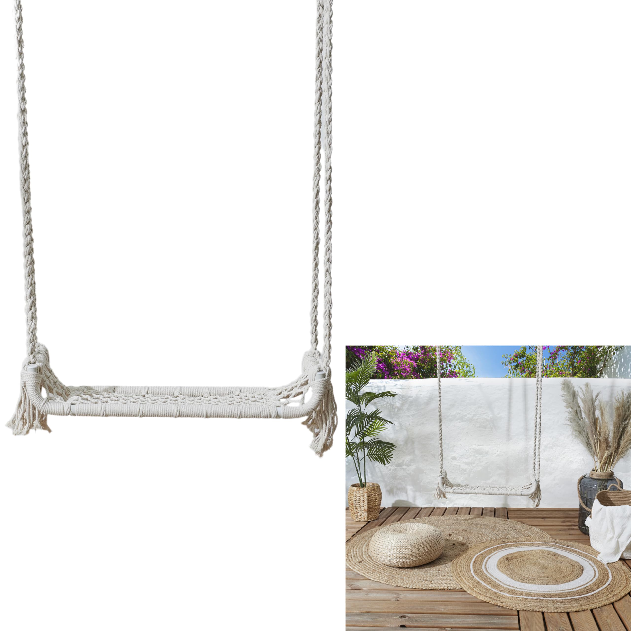 HOME DECO FACTORY, HDO0300, altalena macramè, sedia sospesa per esterni, mobili, mobili da esterno, seduta da esterno, 65 x 160 x 20 cm, naturale