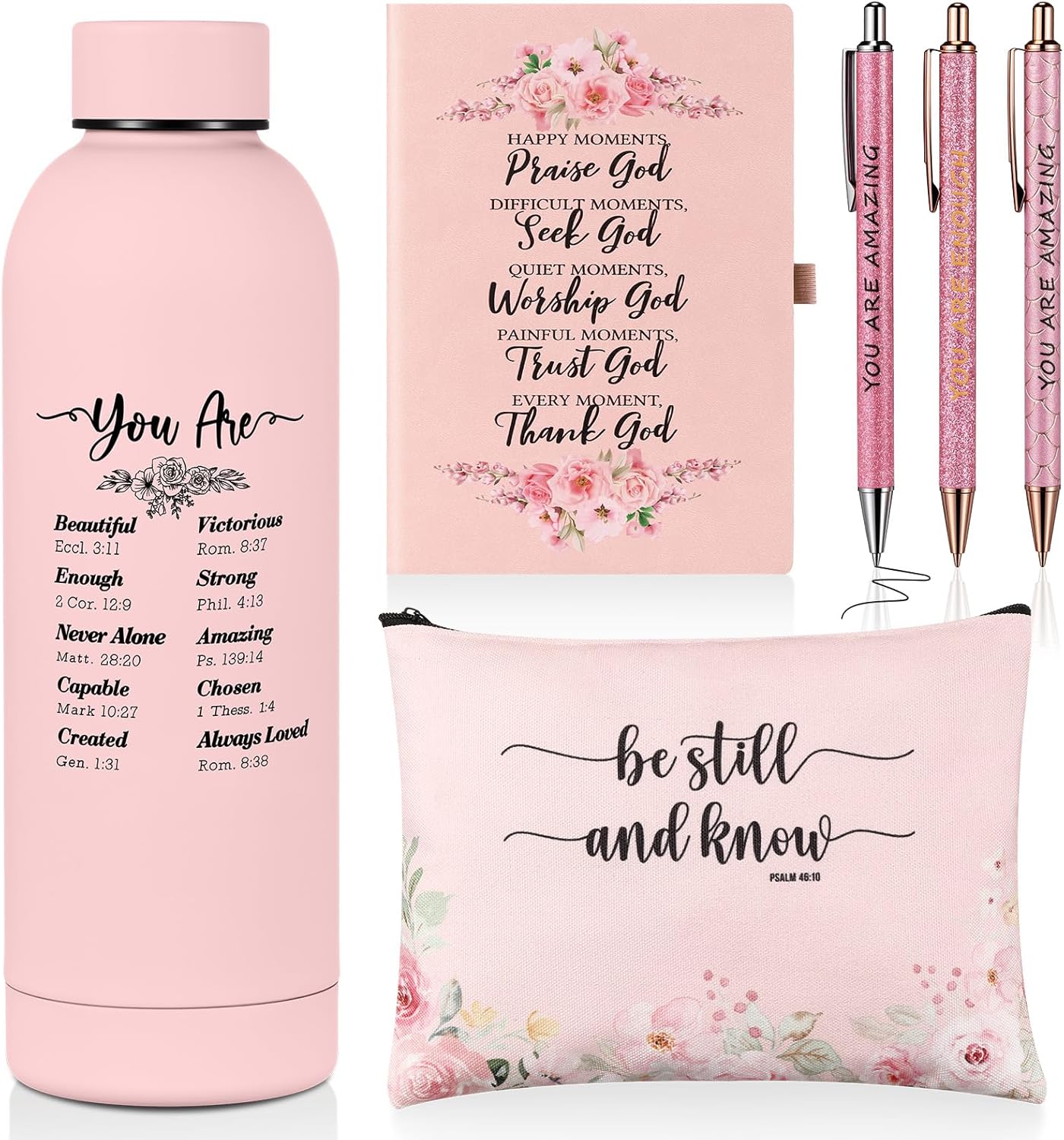 LemonRoad 6 Pcs Christian Gift Set for Women 17 oz Water Bottle, Makeup Bags, Ballpoint Pens, A5 Notebook Journal Kit Religious Bible Study Supplies for Christmas Pastor’s Sunday School Church(Pink)