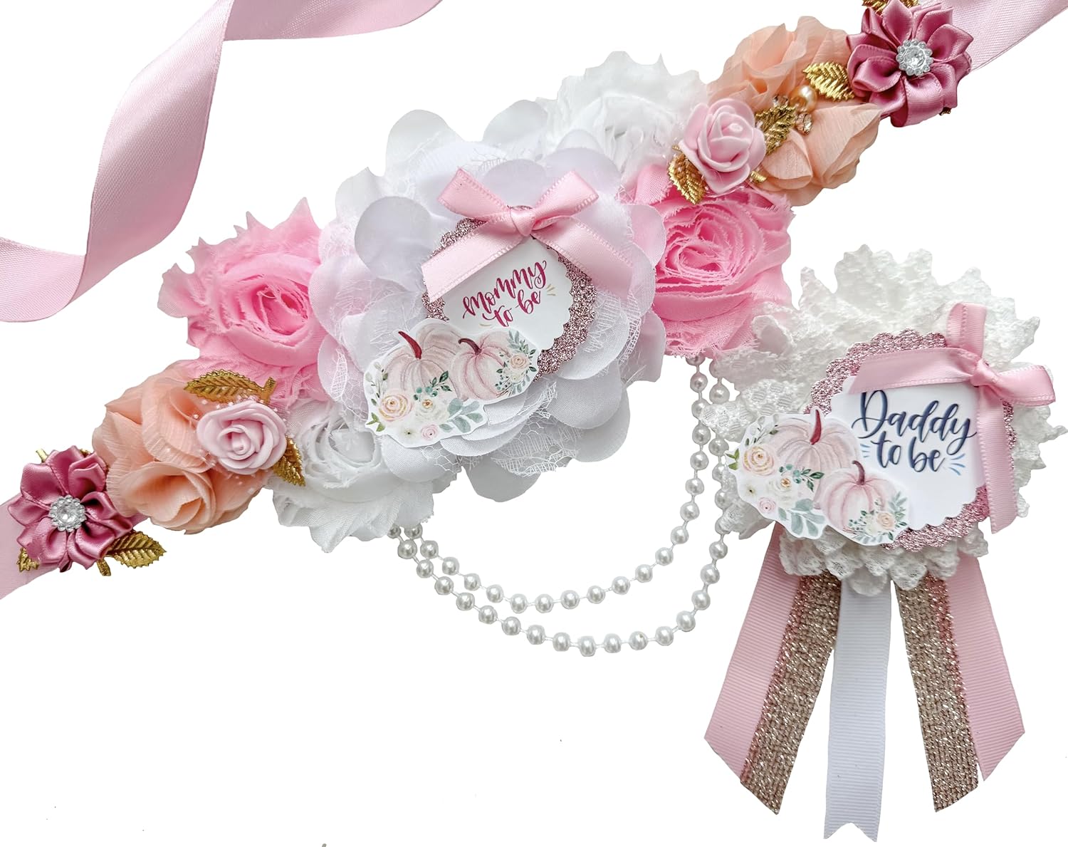 Pink Pumpkin Baby Shower Sash with Dad Pin