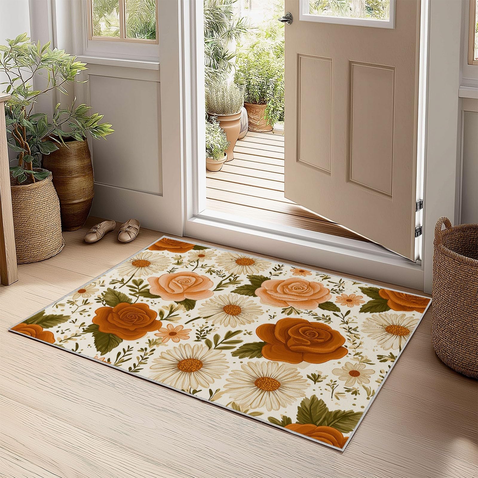 Zmywalny dywan 80 x 150 cm, rośliny, róże, stokrotki, antypoślizgowy dywan w stylu retro, duszpasterski, duży dywan – do salonu, sypialni, kuchni, holu, niski runo, miękki w dotyku dywan