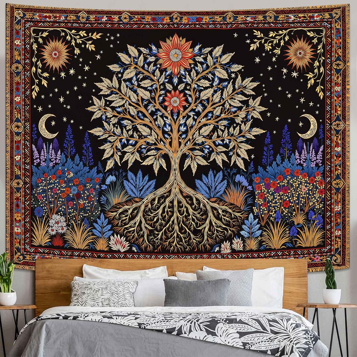Spenlife Tree of Life Tapestry, Mystical Floral Tapestries for Bedroom, Celestial Wall Decor, Blacklight Tapestries (80" x 60") image 3