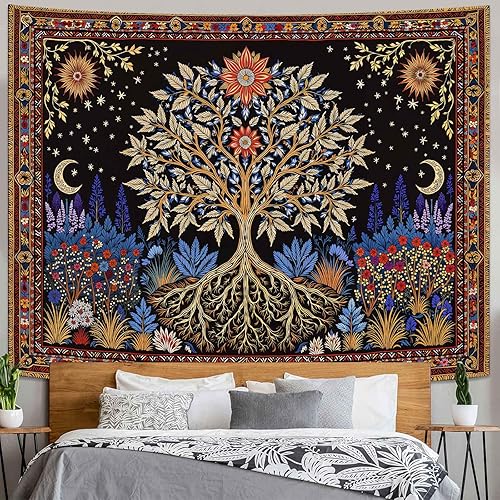 Miniatura 3 de Spenlife Tapiz de árbol de la vida, tapices florales místicos para dormitorio, decoración de pared celestial, tapices de luz negra (60 x 44 pulgadas)