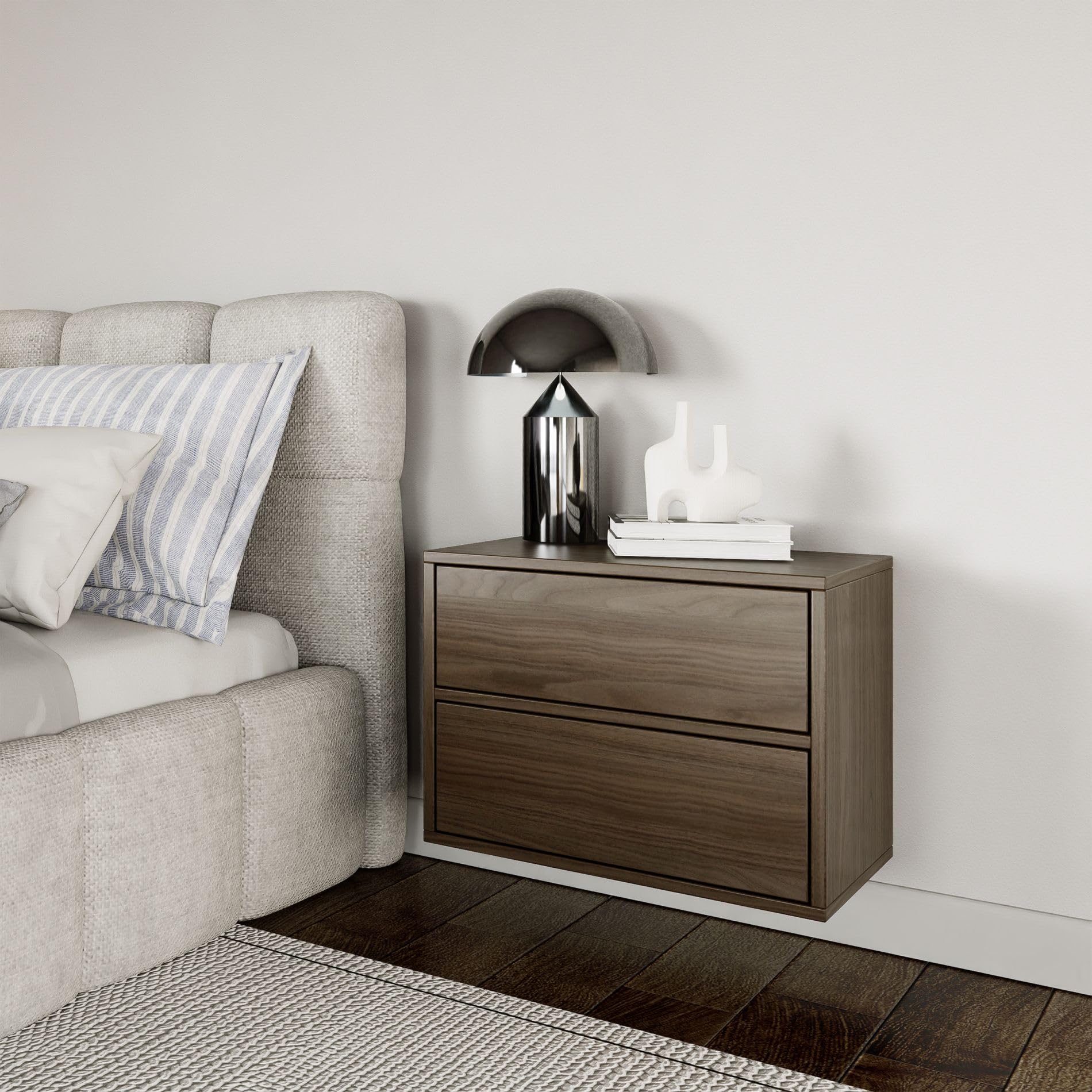 Selsey Comodino Sospeso Camera da Letto Framme 50 cm Finitura Noce Wisconsin 2 Cassetti Spaziosi Push to Open Senza Maniglie Design Minimalista Pannello Laminato 16mm